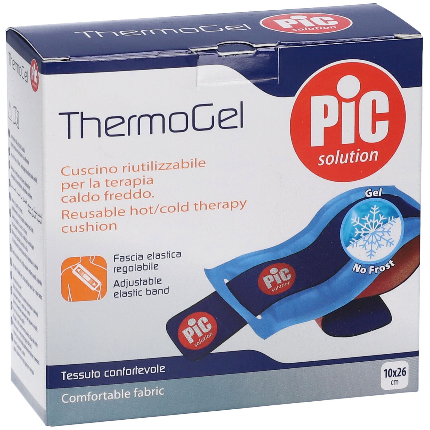 Verpackung PIC ThermoGel. Wiederverwendbares Wärme-/Kälte-Kissen mit verstellbarem Band. Größe: 10x26cm. Bequemes Gewebe.