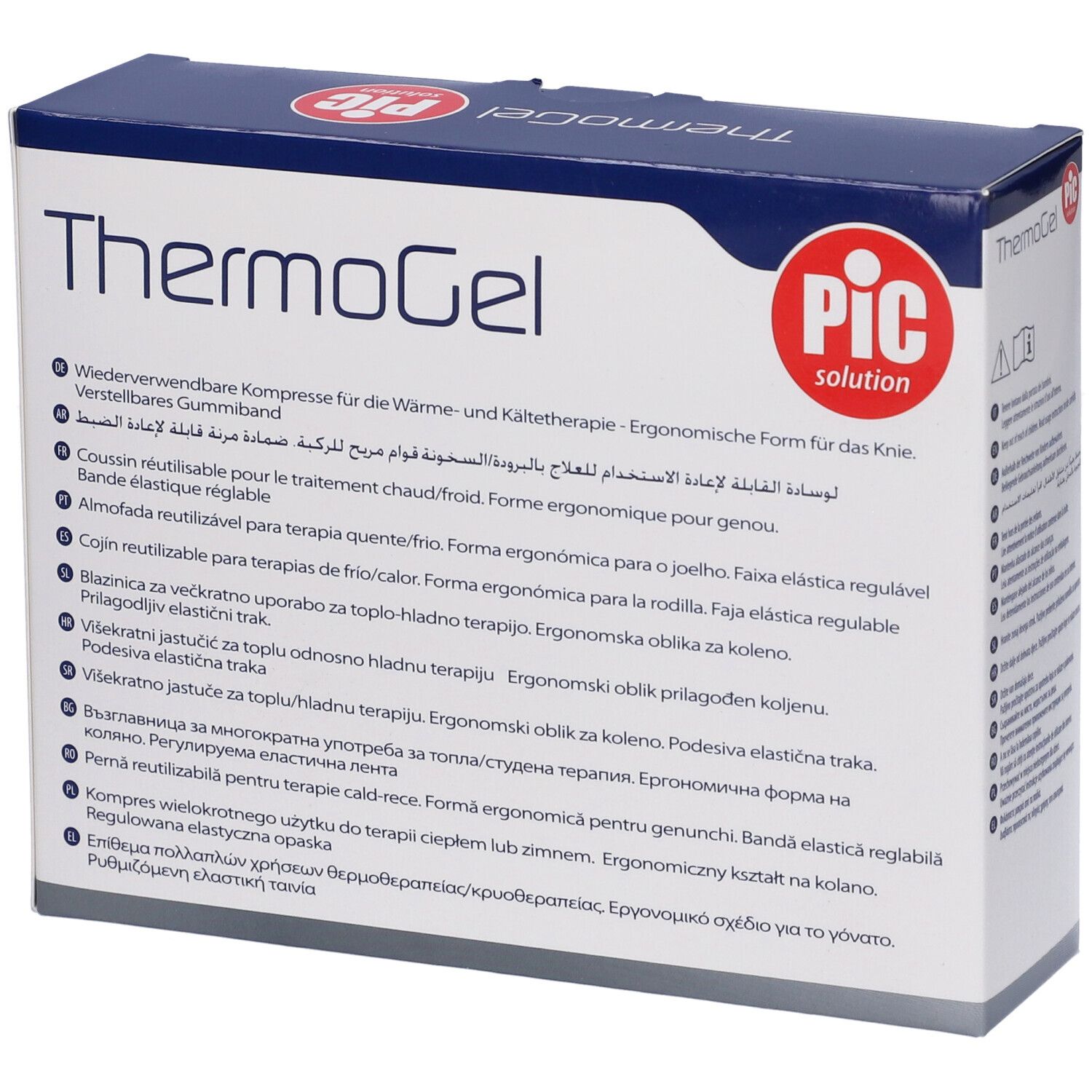 ThermoGel-Verpackung, Text. Wiederverwendbare Kompresse für Wärme- und Kältetherapie. PIC-Logo.