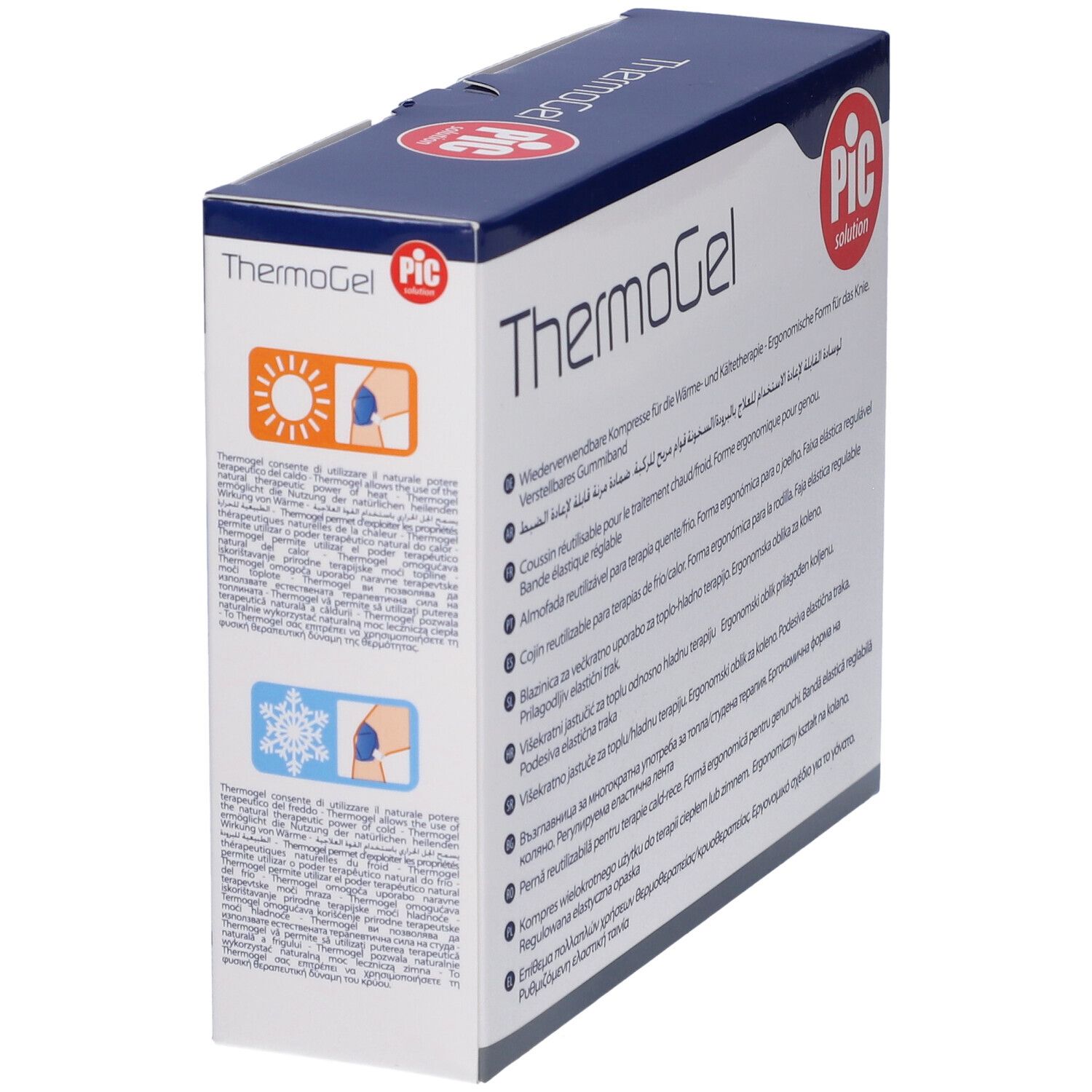 ThermoGel-Verpackung, Text. Wiederverwendbare Kompresse für Wärme- und Kältetherapie. PIC-Logo.