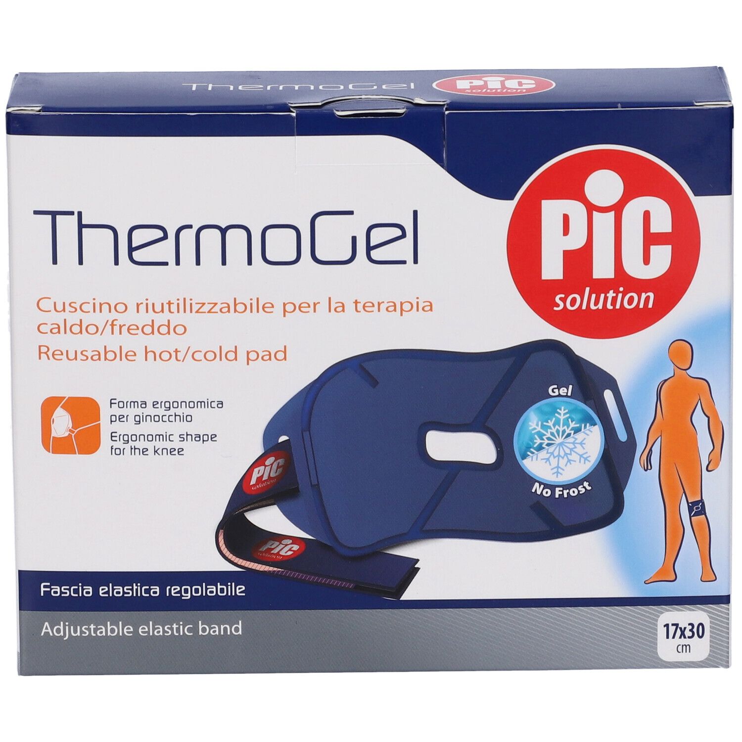 Blaues ThermoGel-Kniekissen in Verpackung. Mit verstellbarem Band und PIC-Logo. 17x30cm.
