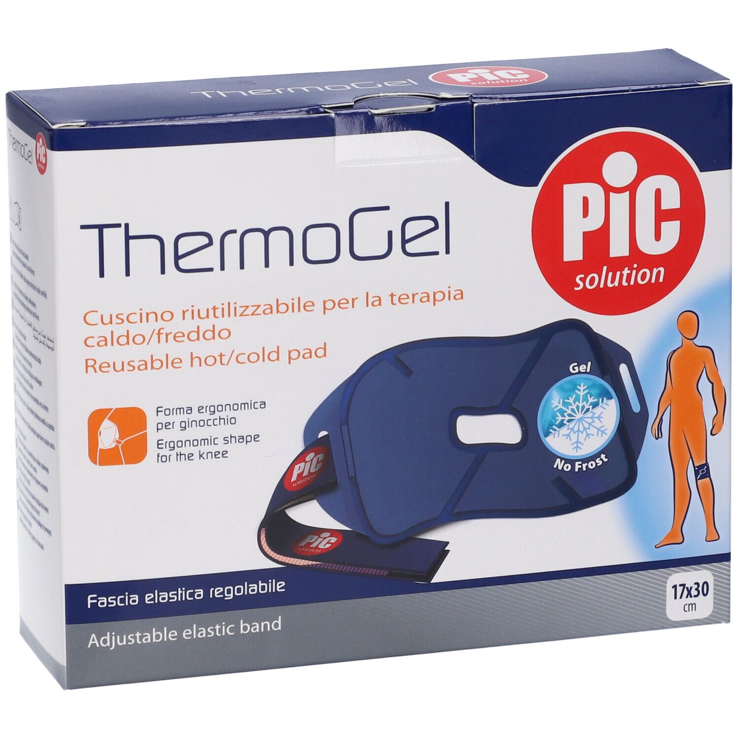 Blaues ThermoGel-Kniekissen in Verpackung. Mit verstellbarem Band und PIC-Logo. 17x30cm.