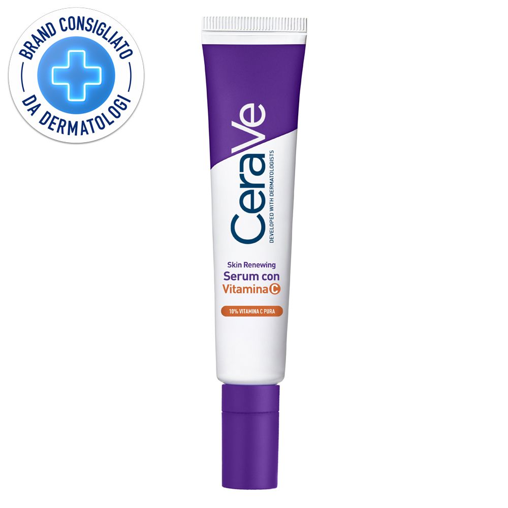 CeraVe Skin Renewing Serum, Tube mit Vitamin C. Marke mit Dermatologen-Zertifizierung. Weiß-lila Tube.