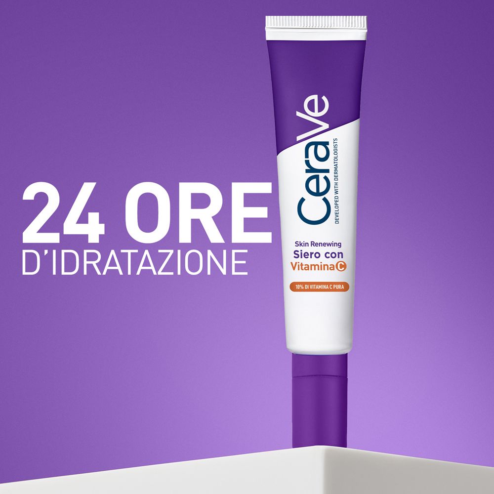 CeraVe Skin Renewing Serum mit Vitamin C. Weiß-lila Tube. Text: 24 Stunden Feuchtigkeit.