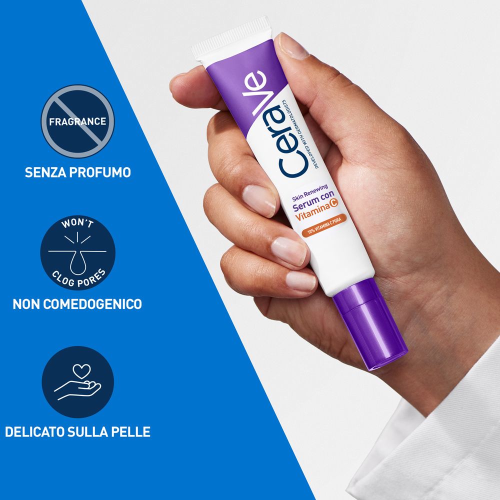Hand hält CeraVe Skin Renewing Serum Tube. Text: Ohne Duftstoffe, nicht komedogen, sanft zur Haut.