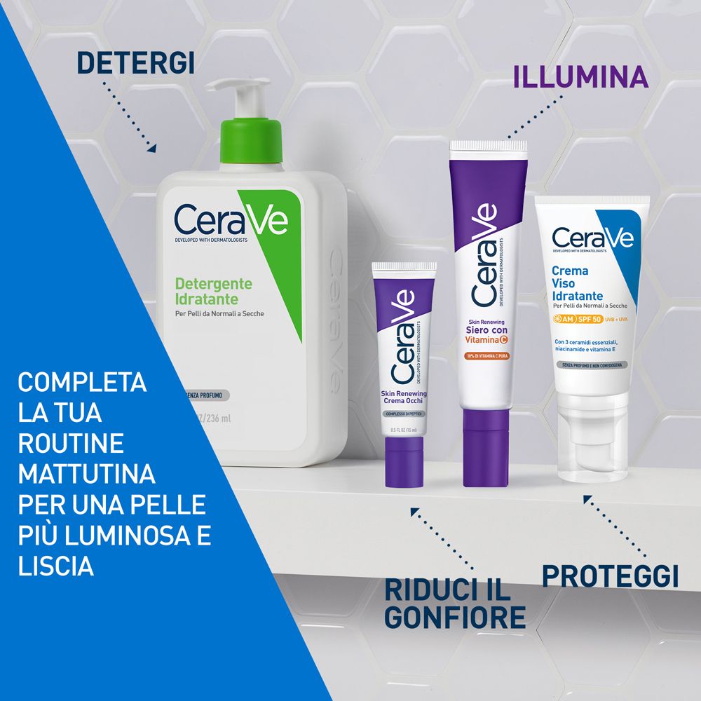 CeraVe Hautpflegeroutine. Produkte: Reinigung, Serum, Feuchtigkeitspflege. Text: Reinigen, Aufhellen, Schützen.