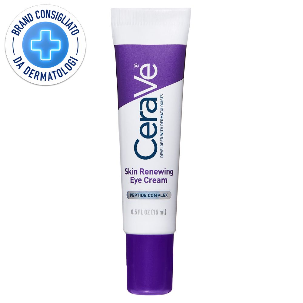 CeraVe Skin Renewing Augencreme-Tube. Weiß, lila. Mit Logo und Dermatologen-Siegel. 15 ml.