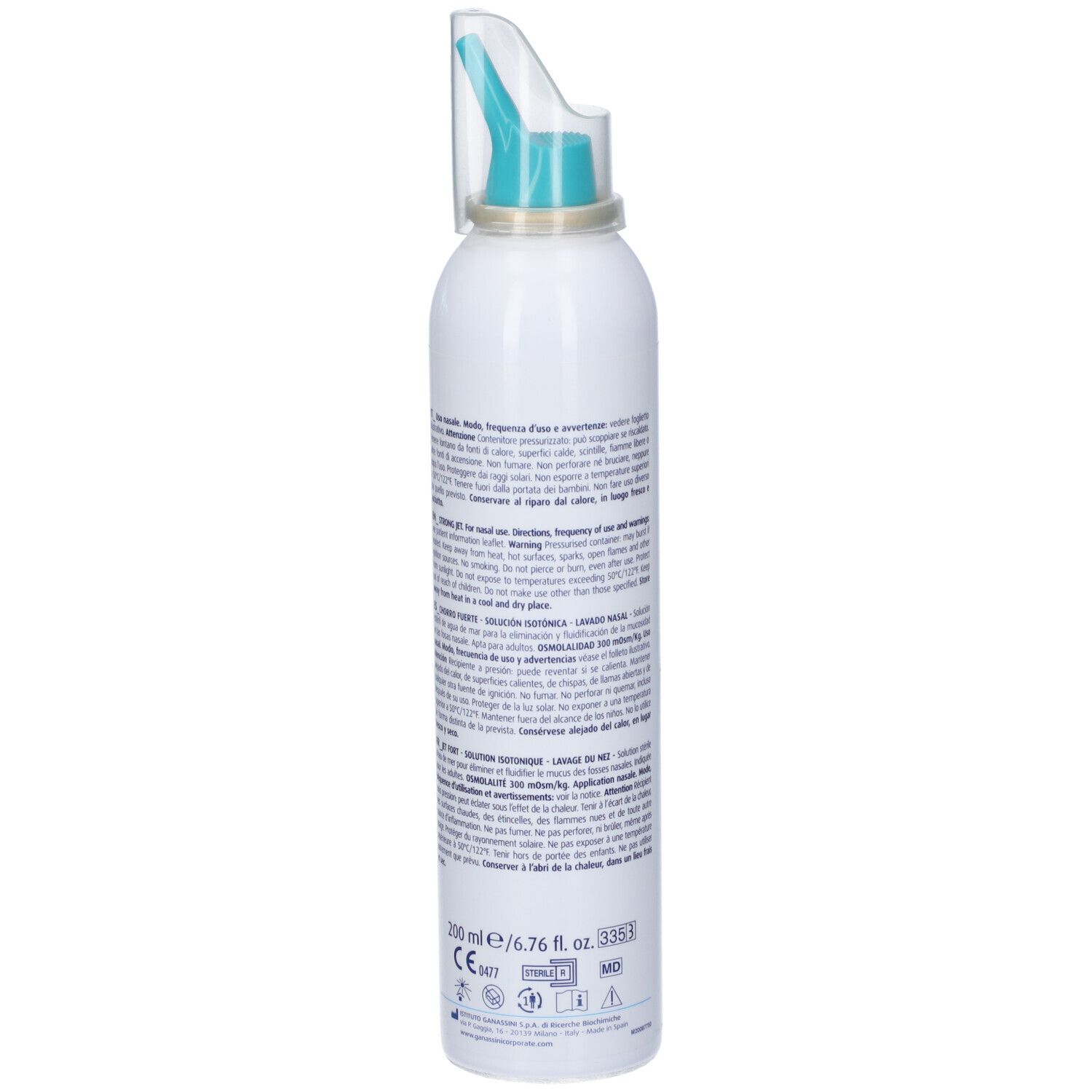 Weiße Nasenspray-Flasche mit Text. Mit Sprühkopf und Schutzkappe. Aufschrift: 200 ml/6,76 fl. oz. CE-Kennzeichnung.