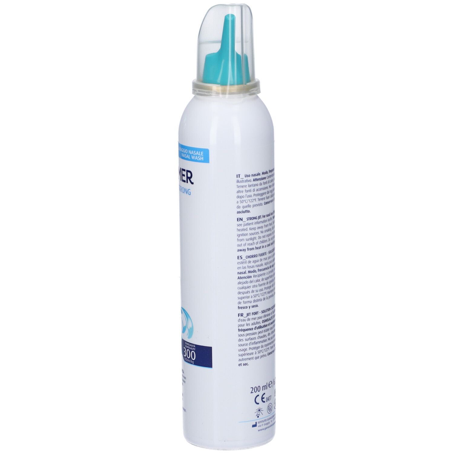 Weiße Nasenspray-Flasche mit Text. Mit Sprühkopf und Schutzkappe. Aufschrift: 200 ml.