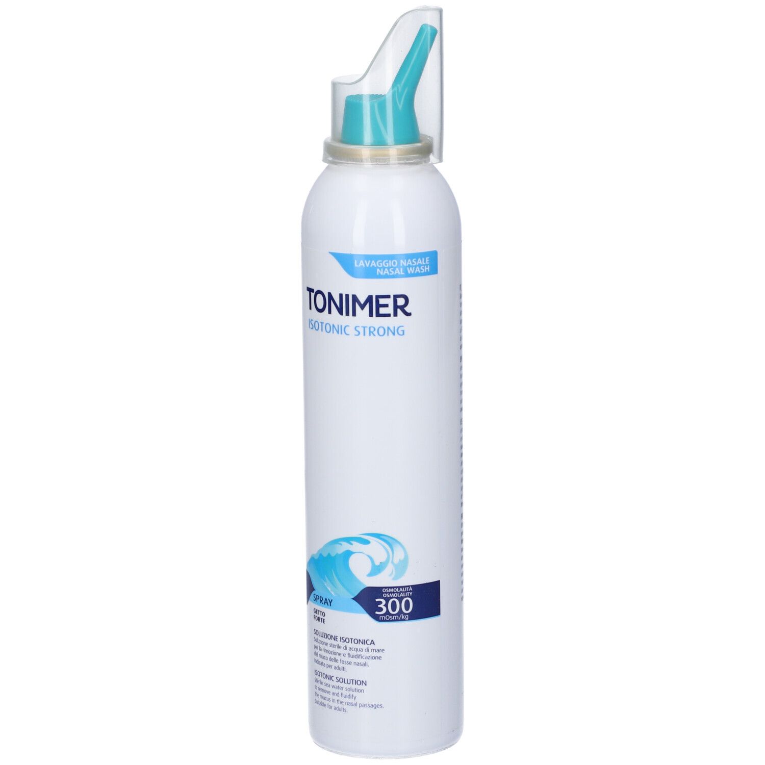 Weiße Nasenspray-Flasche mit blauem Aufdruck. Mit Sprühkopf und Schutzkappe. Aufschrift: TONIMER ISOTONIC STRONG.