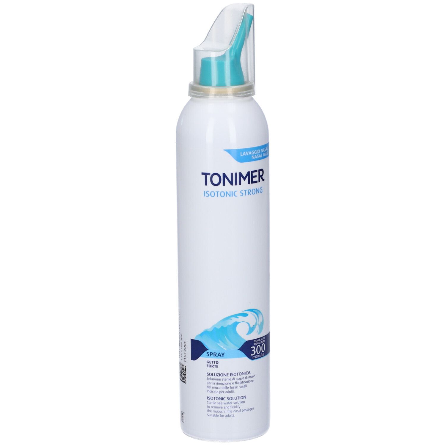 Weiße Nasenspray-Flasche mit blauem Aufdruck. Mit Sprühkopf und Schutzkappe. Aufschrift: TONIMER ISOTONIC STRONG.