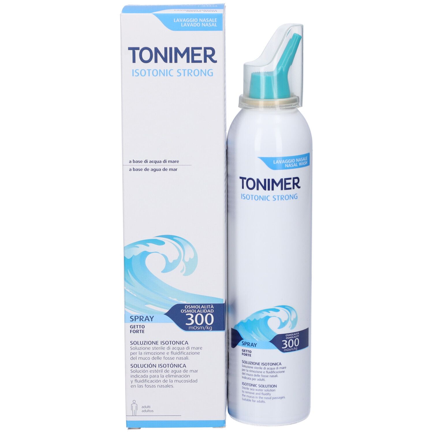 Nasenspray-Flasche und Verpackung. Verpackung: weiß mit blauem Aufdruck. Flasche: weiß mit blauem Aufdruck. Aufschrift: TONIMER ISOTONIC STRONG.