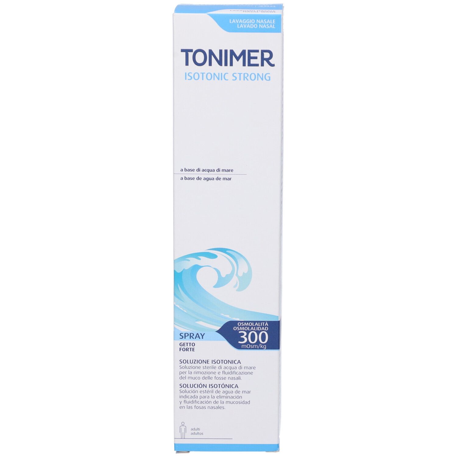 Verpackung für Nasenspray. Weiß mit blauem Aufdruck. Aufschrift: TONIMER ISOTONIC STRONG.