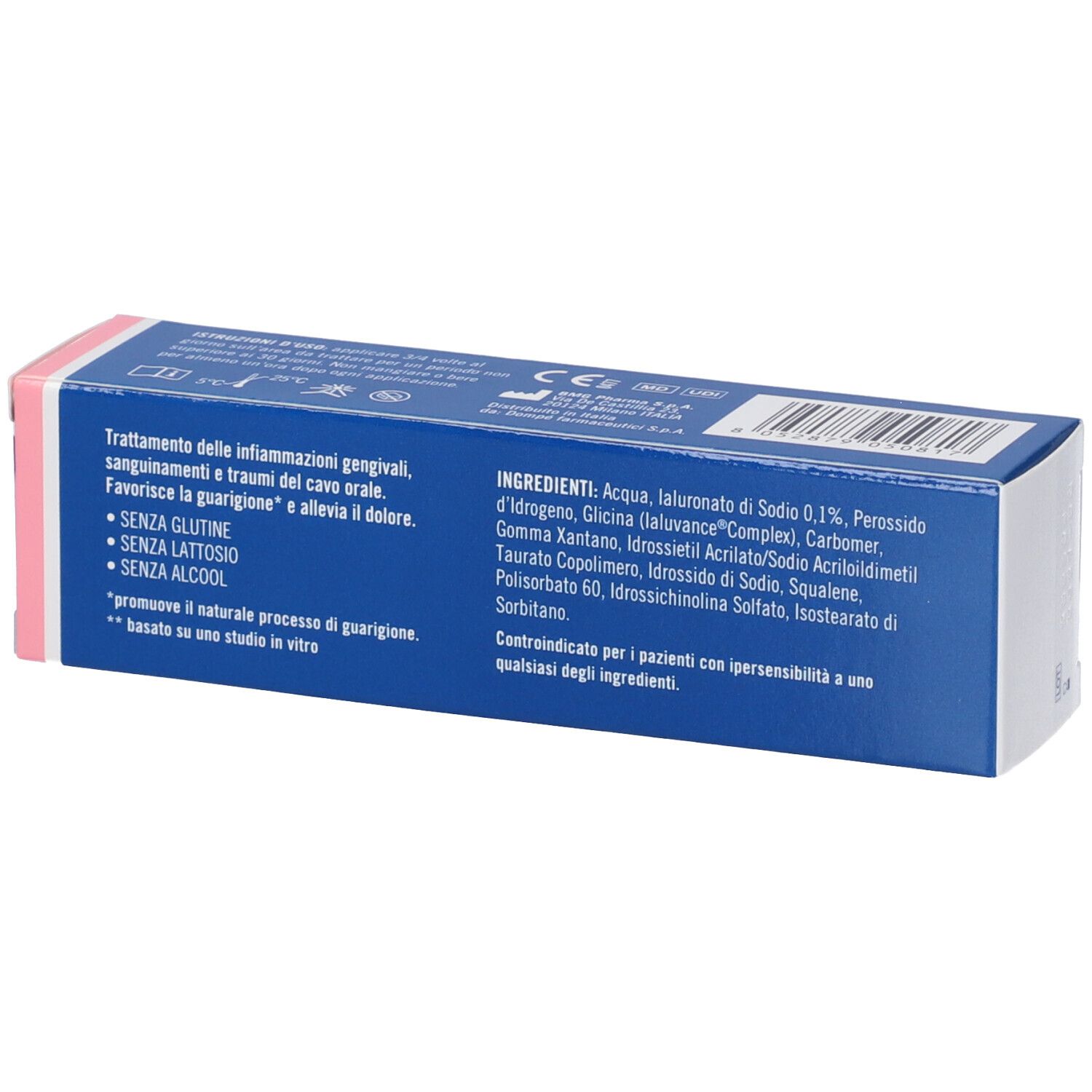 Verpackung mit Hinweisen zu Inhaltsstoffen und Anwendung bei Zahnfleischentzündungen.