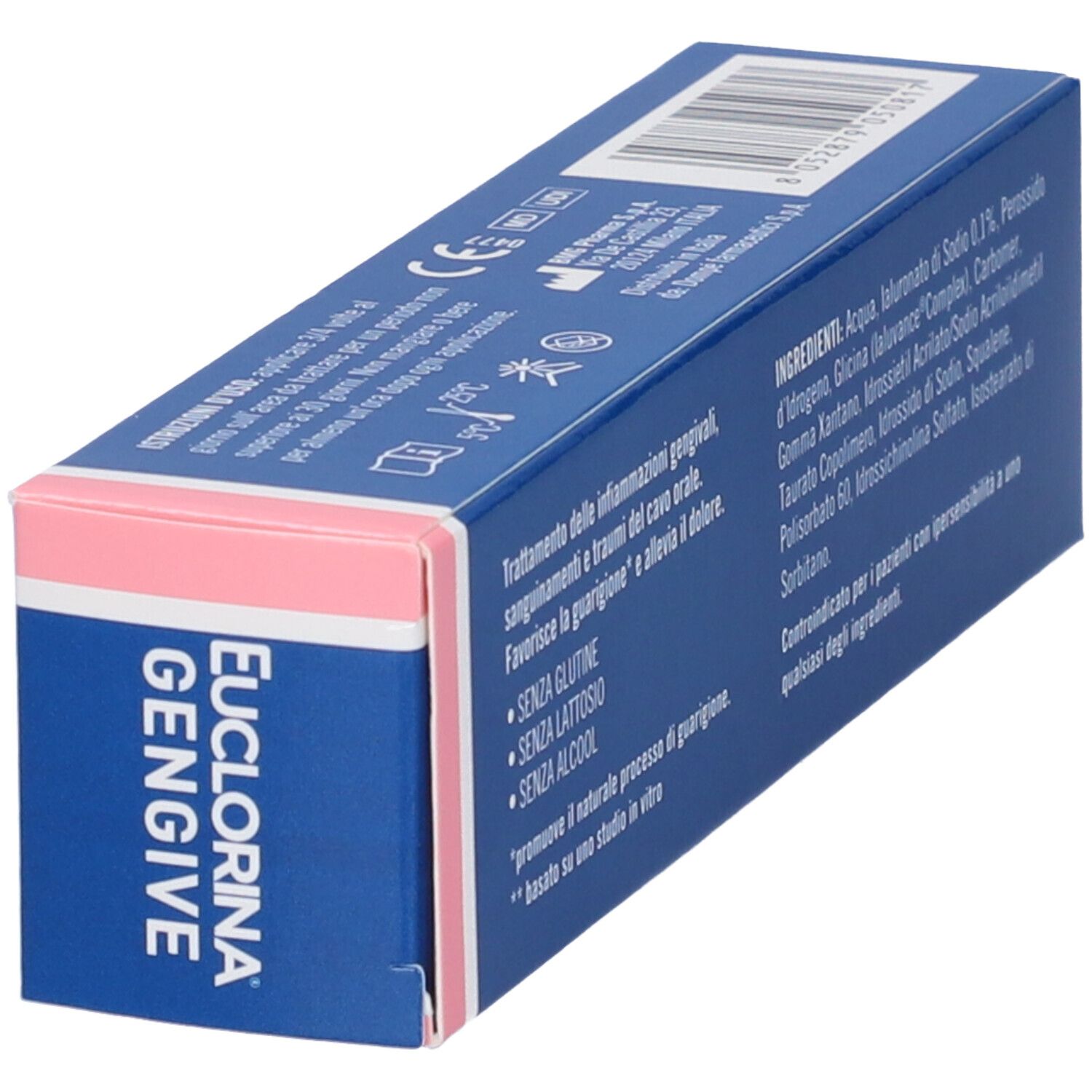 Blaue Verpackung mit dem Aufdruck 'EUCLORINA GENGIVE'. Enthält Inhaltsstoffe und Anwendungshinweise.