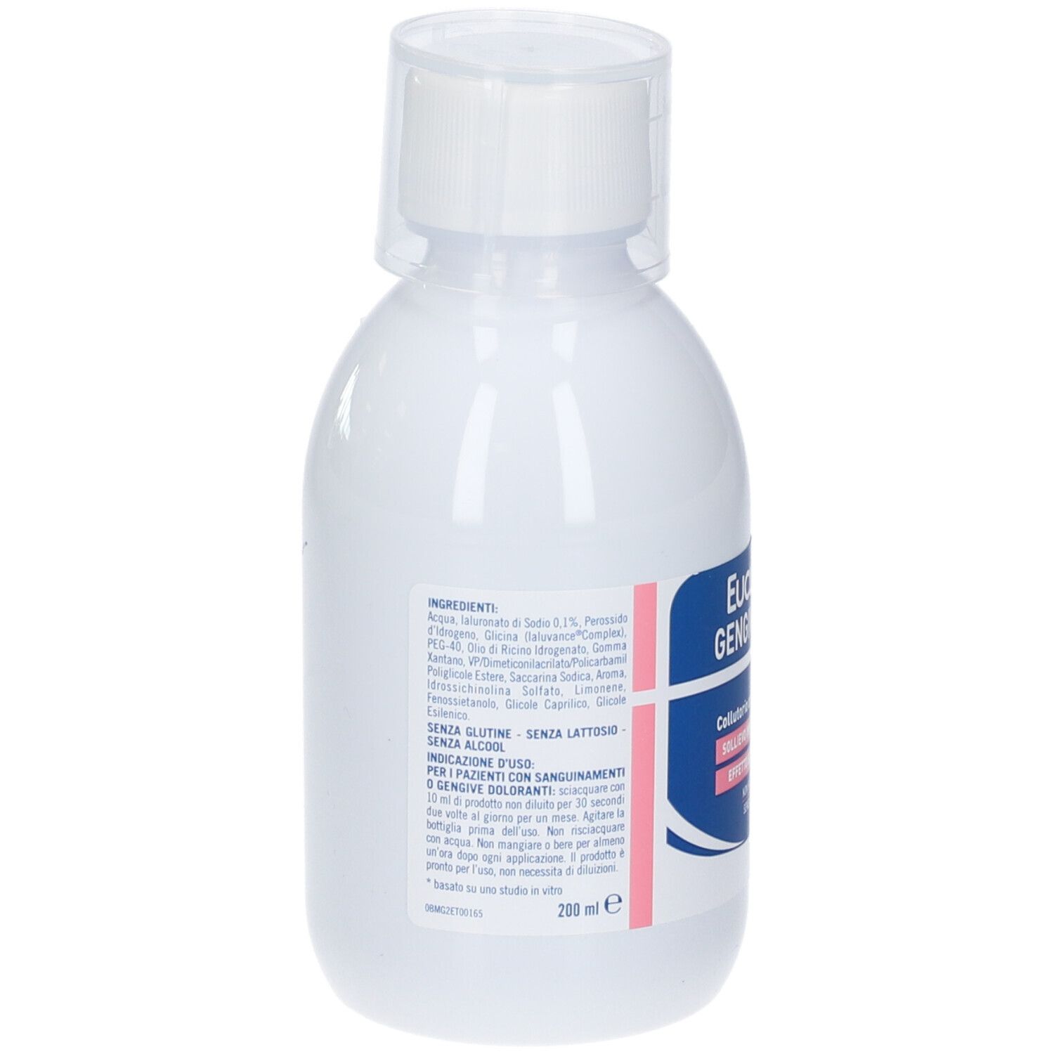 Weiße Flasche mit blauem Etikett und weißem Deckel, 200 ml.