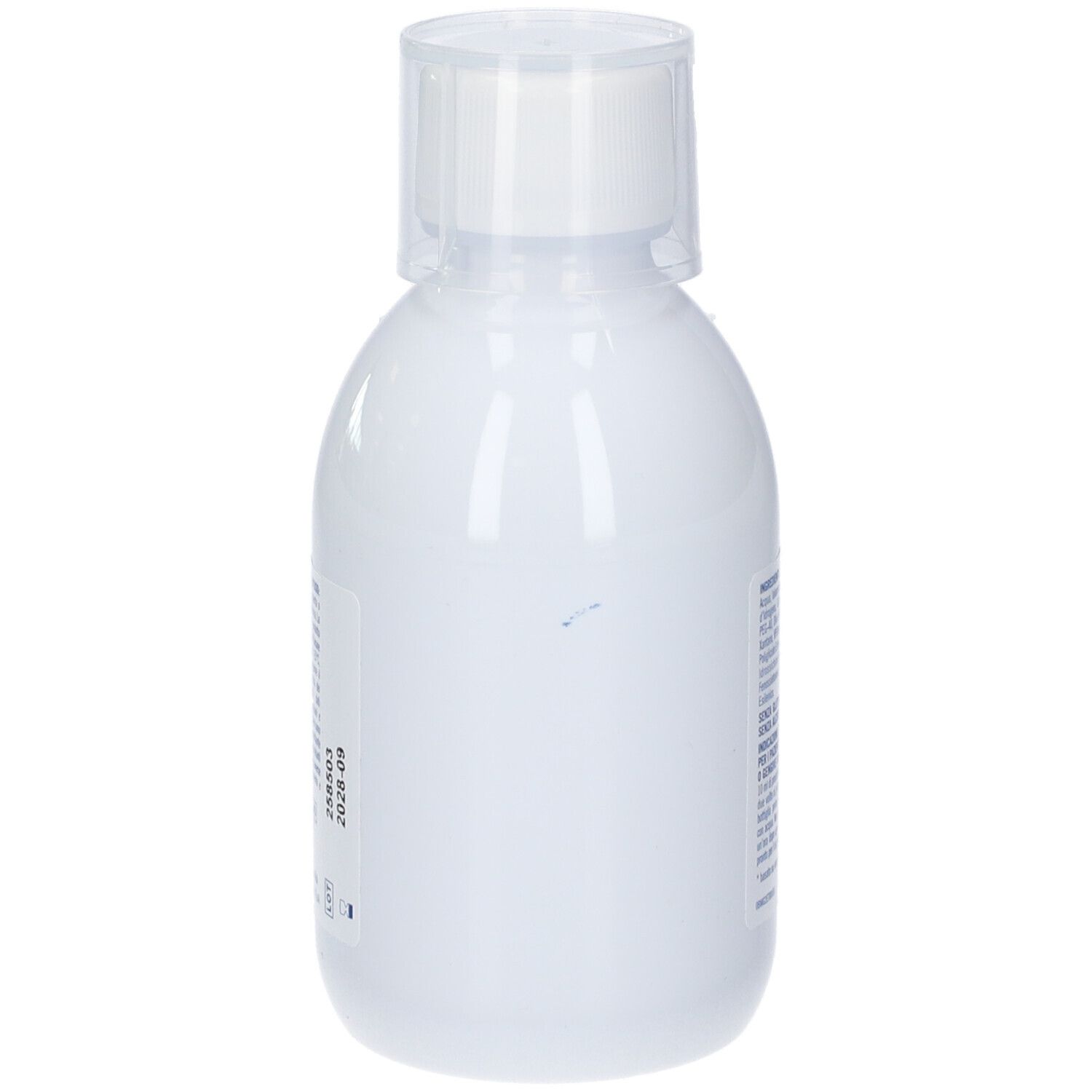 Weiße Kunststoffflasche mit weißem Verschluss und Etikett.