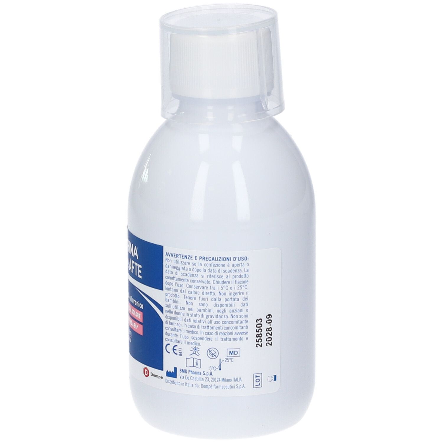 Weiße Kunststoffflasche mit blauem Etikett und weißem Schraubverschluss. Enthält Warnhinweise und CE-Kennzeichnung.