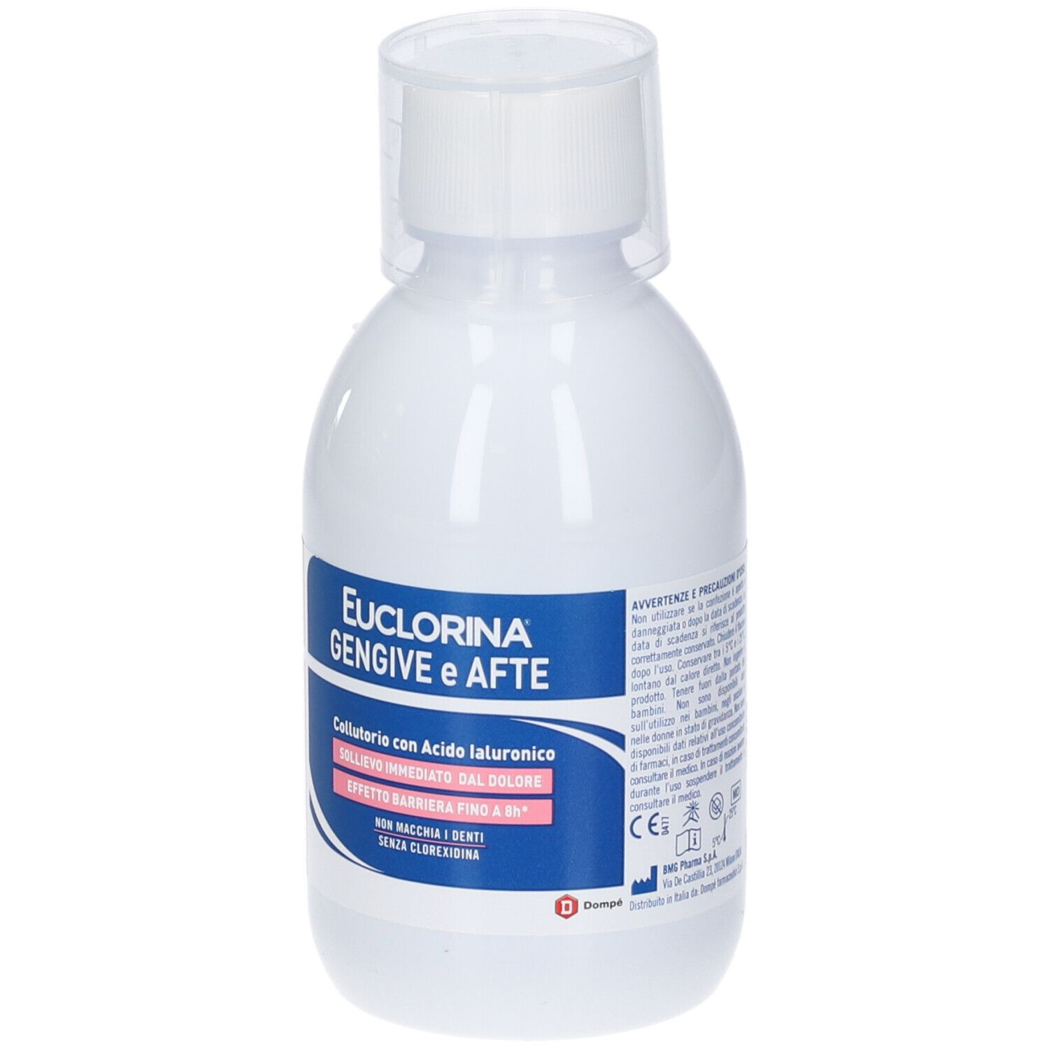 Weiße Flasche Mundwasser mit blauem Etikett. Enthält Hyaluronsäure.