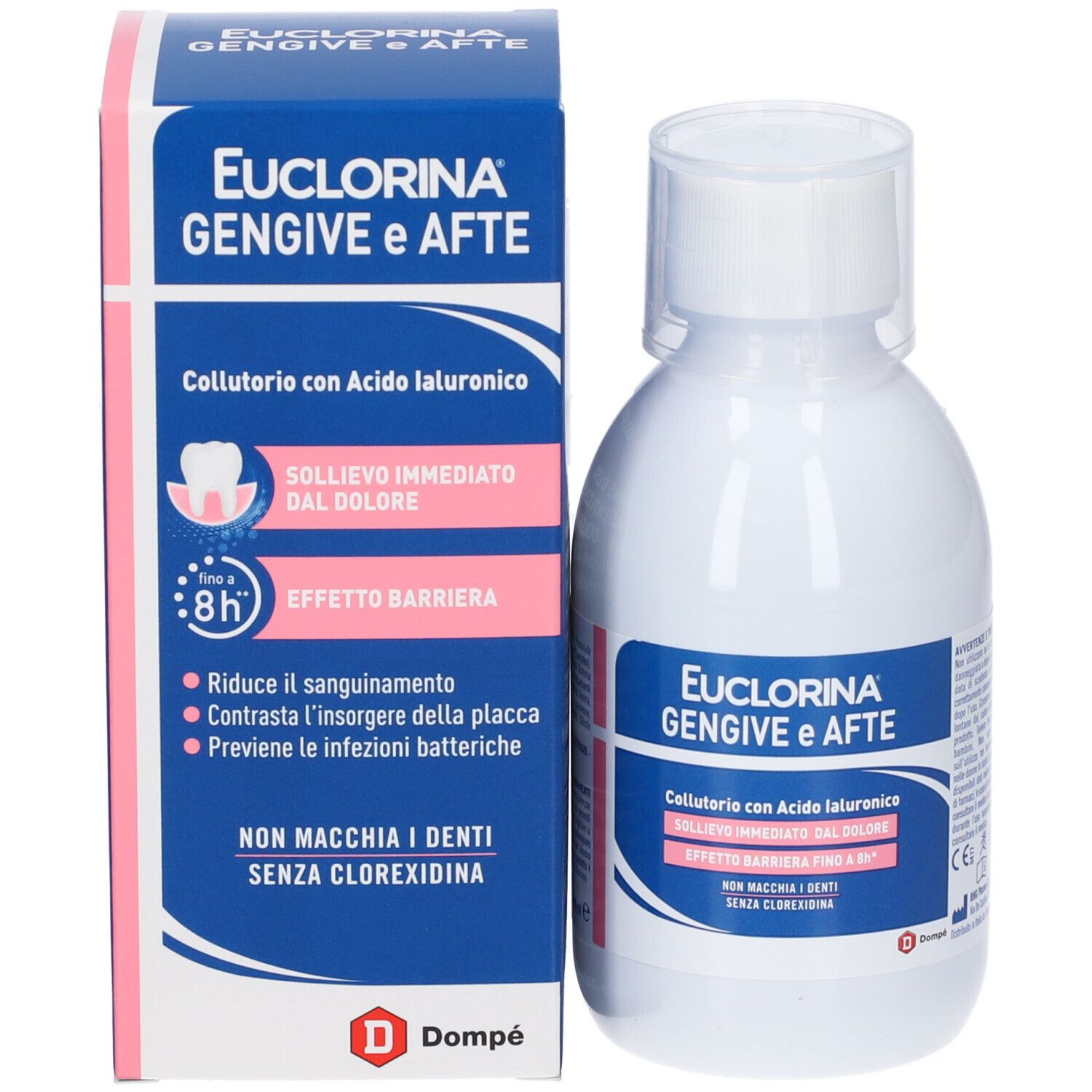 Euclorina Gengive e Afte Mundspülung mit Hyaluronsäure in weißer Flasche und Faltschachtel.