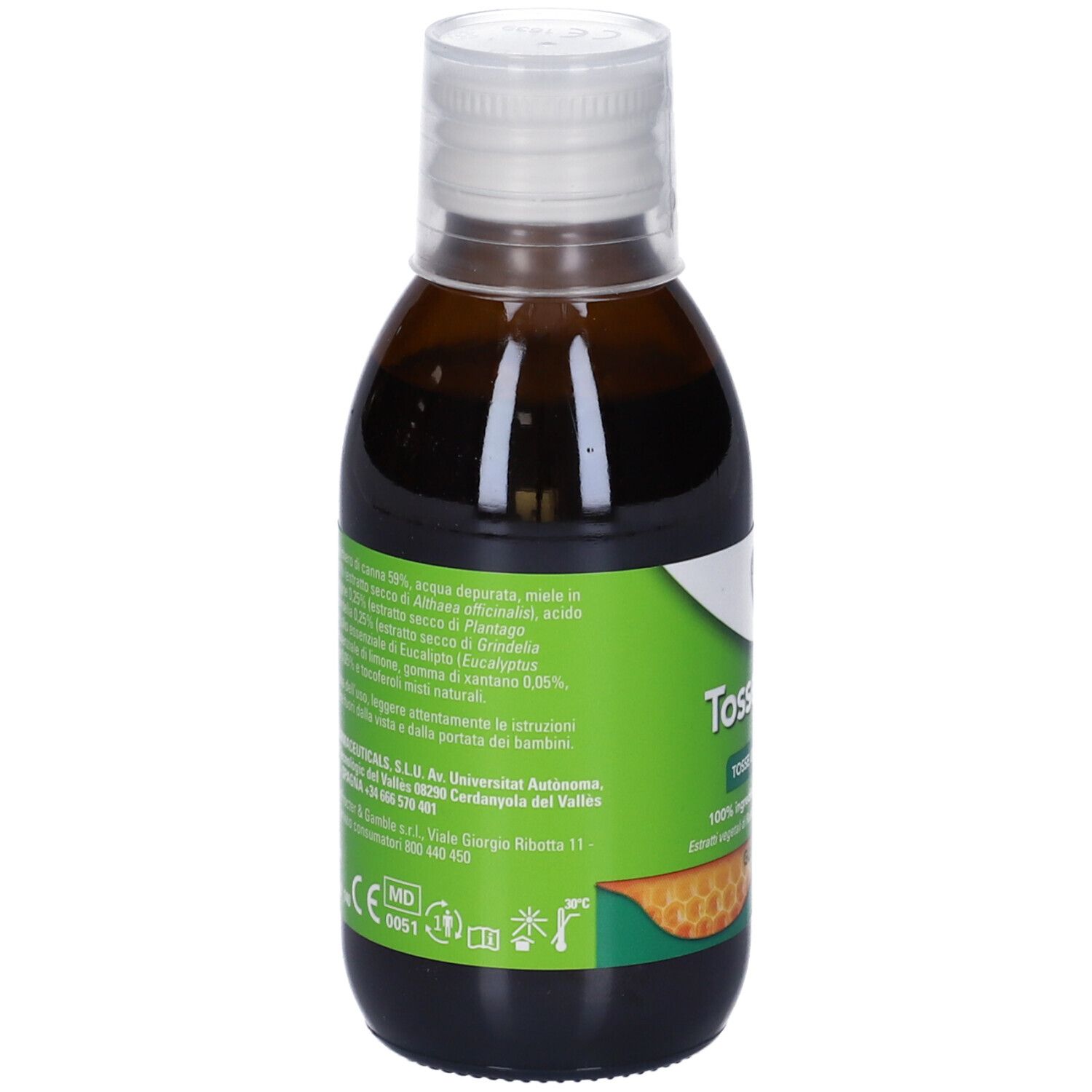 Rückseite einer braunen Flasche mit weißem Verschluss. Grünes Etikett mit Text und Inhaltsstoffen. CE-Kennzeichnung.