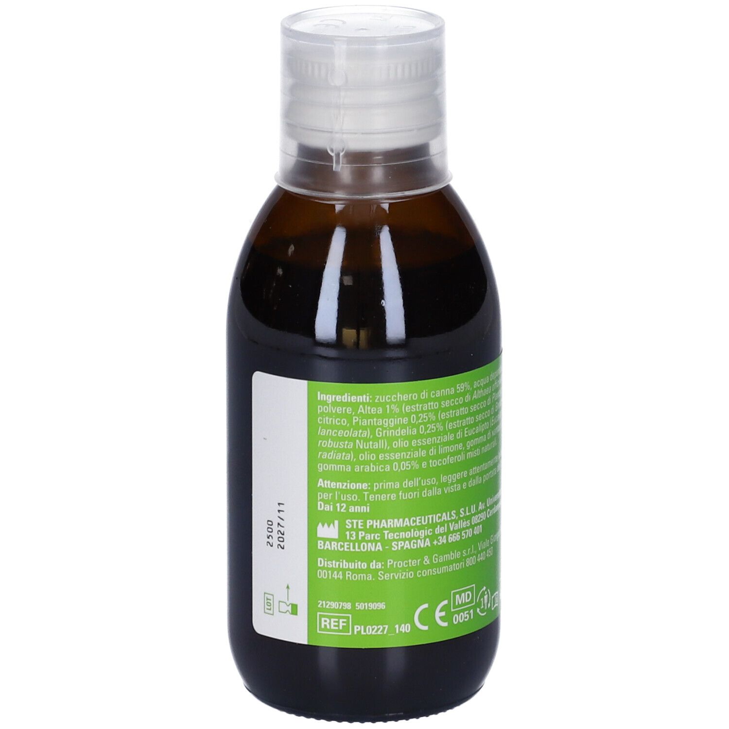 Rückseite einer braunen Flasche mit weißem Verschluss. Grünes Etikett mit Text und Inhaltsstoffen. CE-Kennzeichnung.