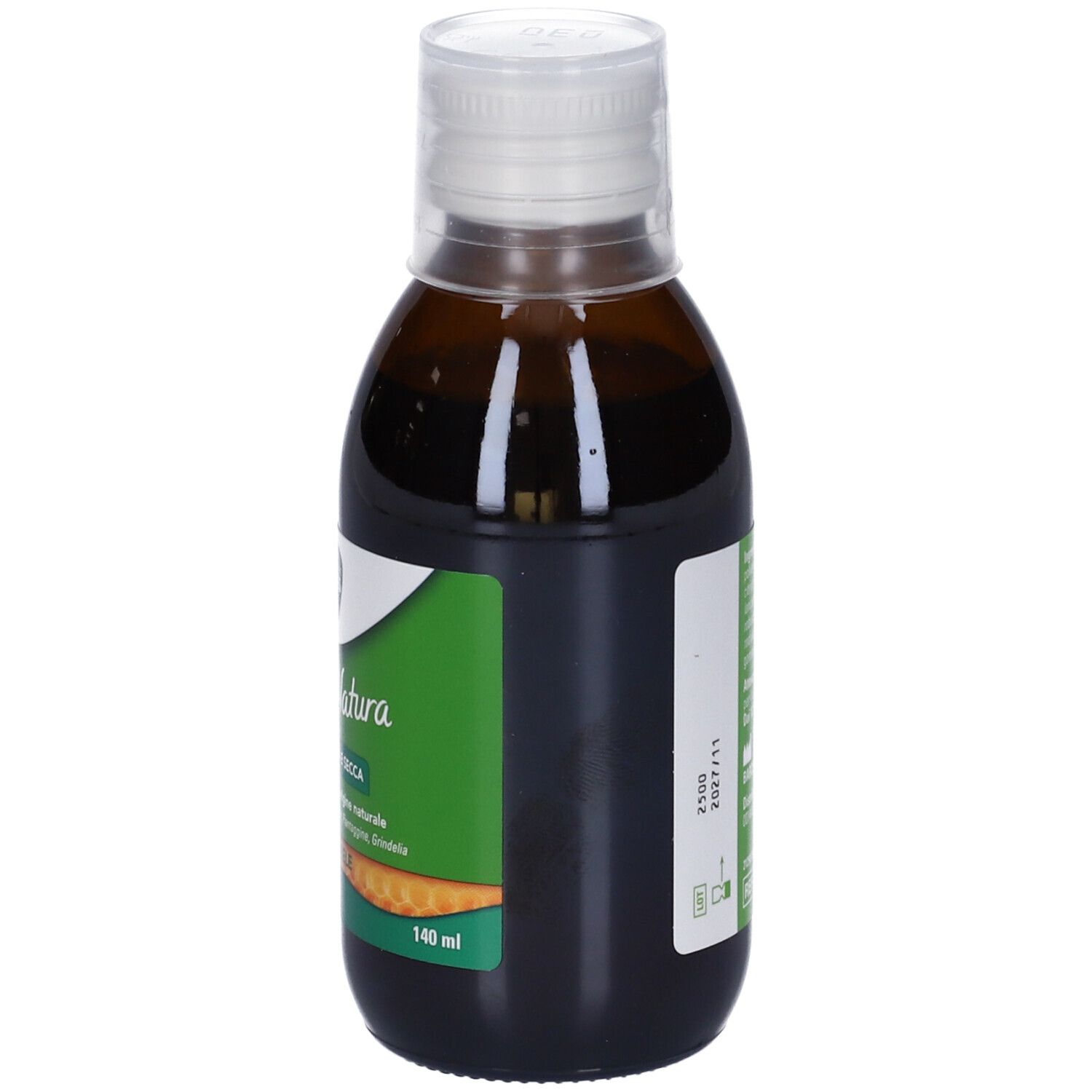 Braune Flasche mit weißem Verschluss. Grünes Etikett mit Text: Tosse Natura. Volumen: 140 ml.