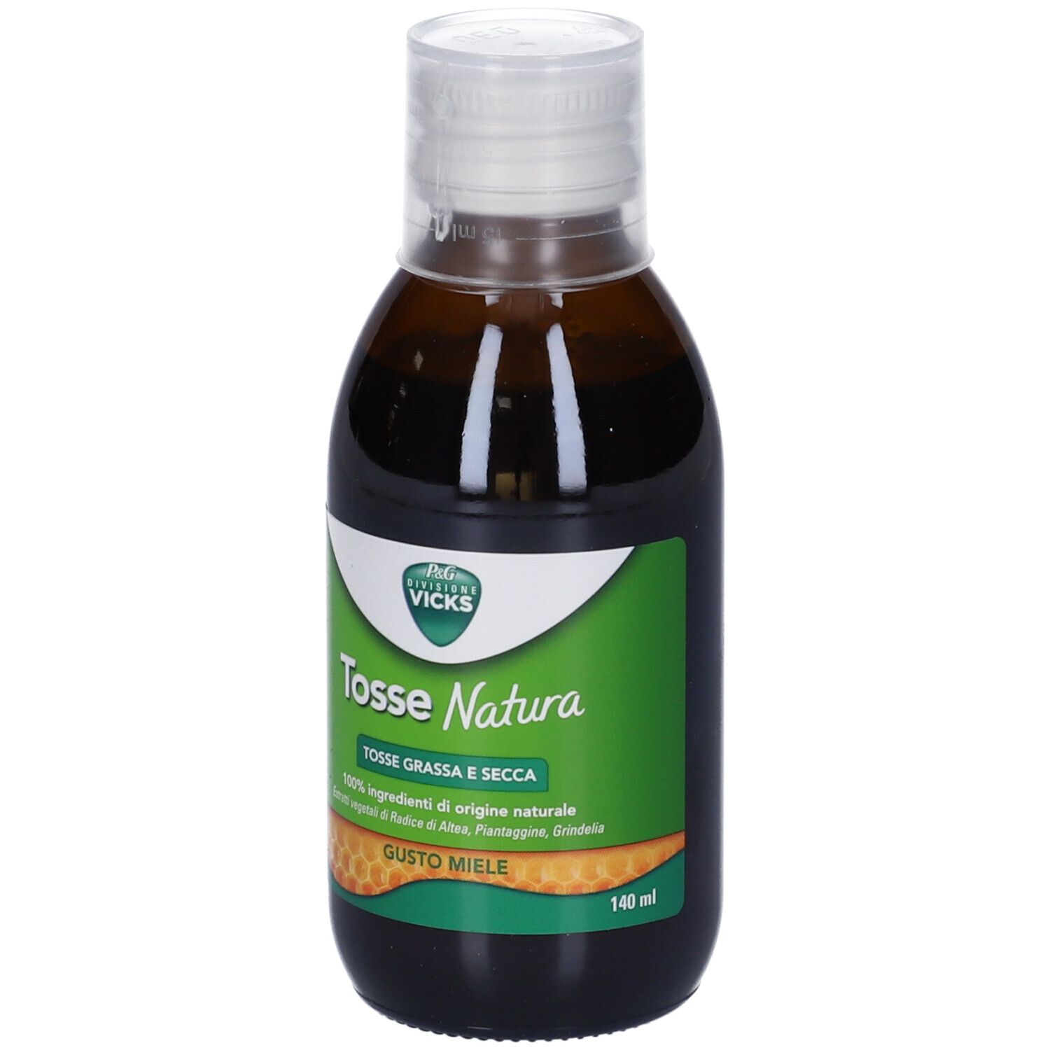 Braune Flasche mit weißem Verschluss. Grünes Etikett mit Text: Tosse Natura, Gusto Miele. Honigwaben-Design.