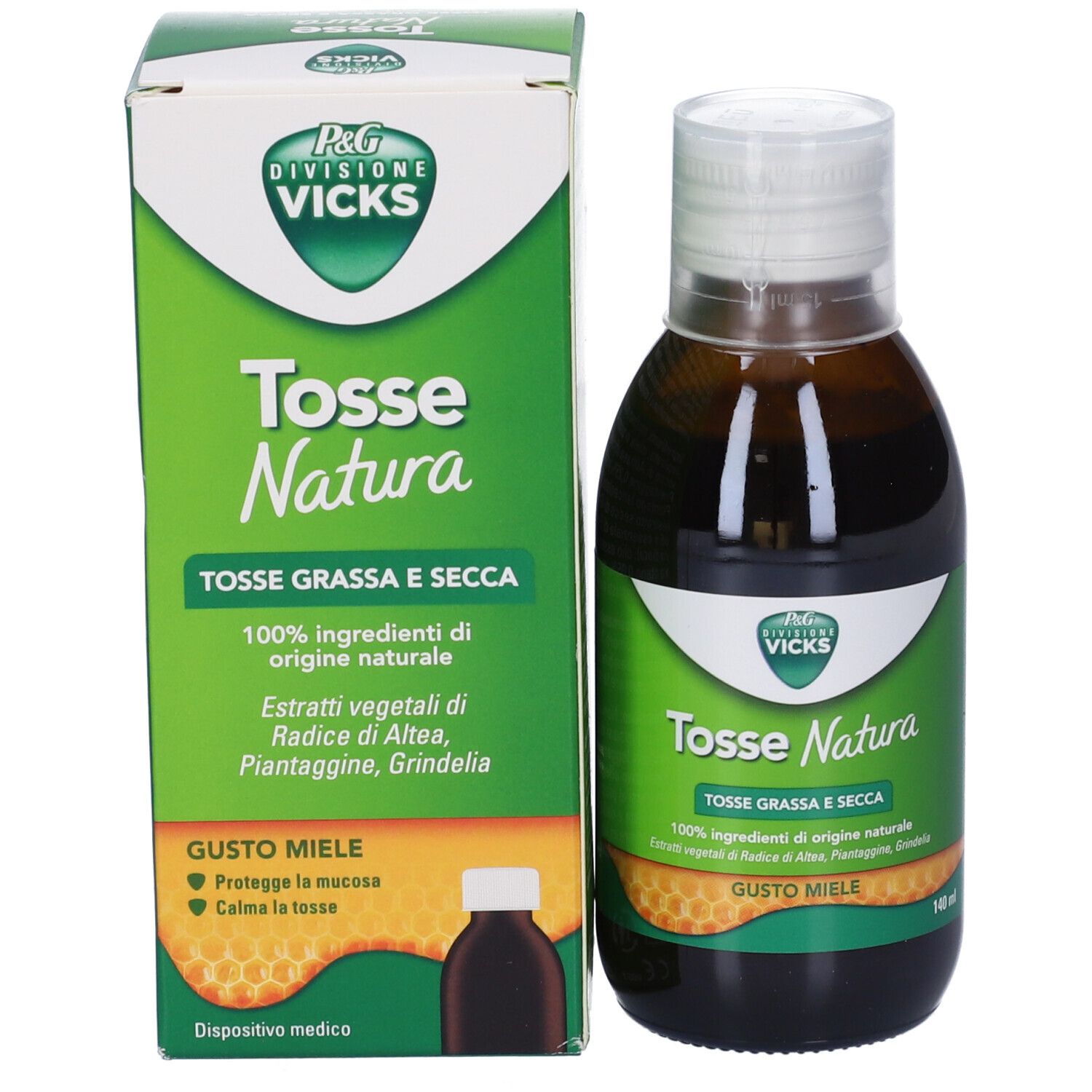 Produktverpackung und Flasche. Grüne Schachtel mit Text: Tosse Natura. Flasche mit weißem Verschluss.