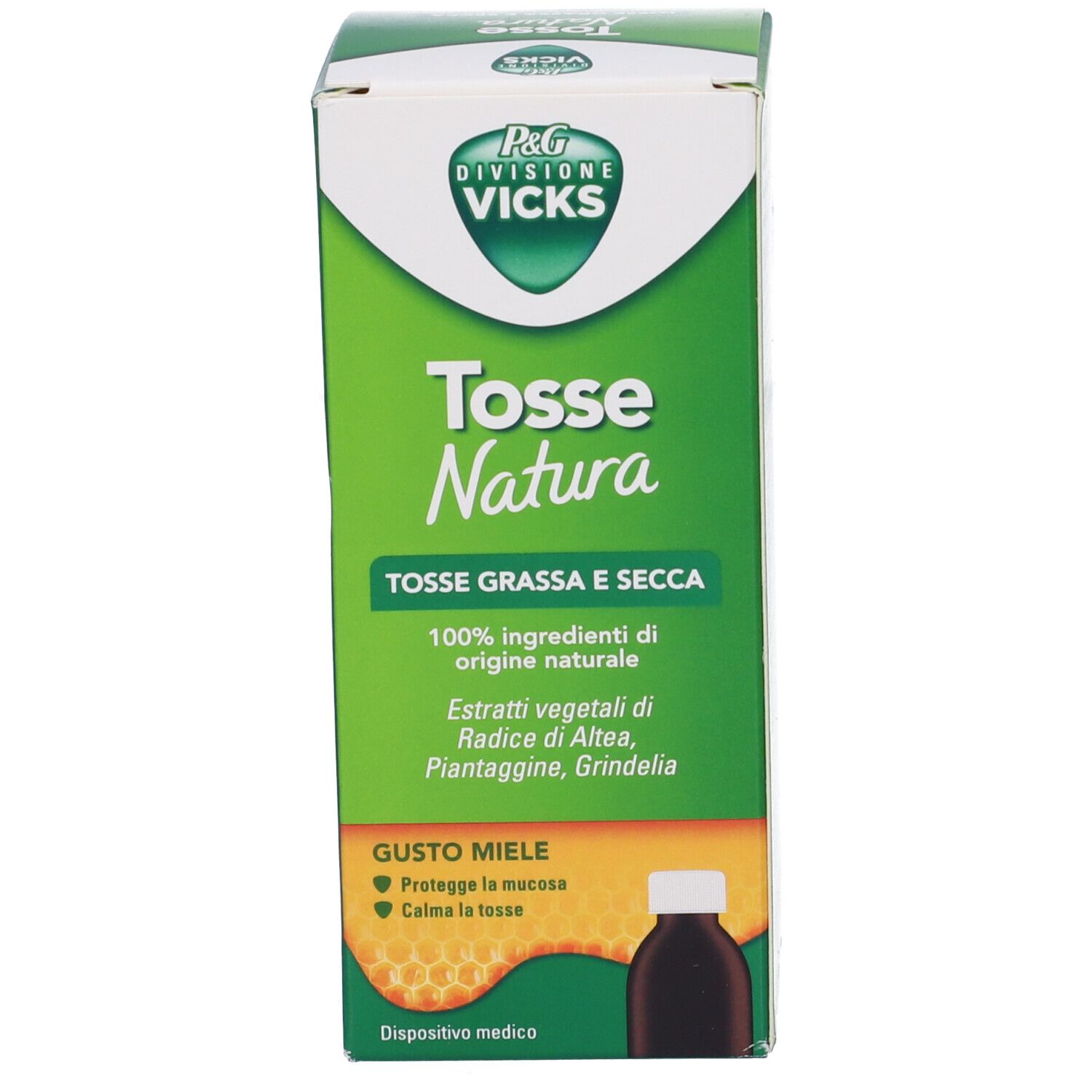 Grüne Schachtel mit Text: Tosse Natura. Honigwaben-Design. Flasche im Hintergrund.