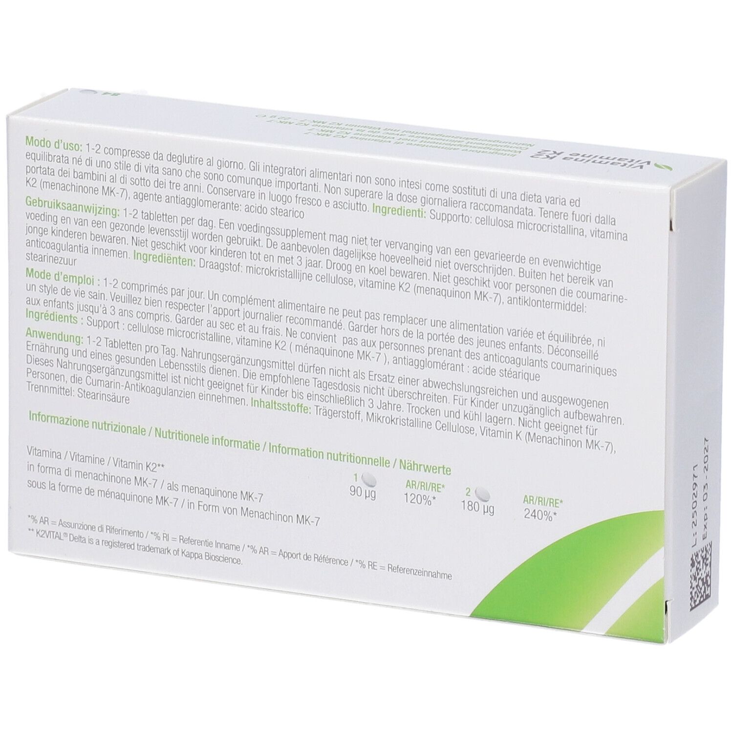 Retro della scatola bianca. Testo multilingue. Contiene informazioni nutrizionali e ingredienti.