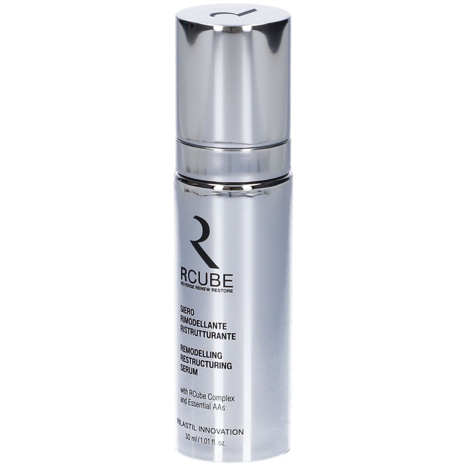Silberne Serumflasche. Aufschrift: RCUBE, Siero Rimodellante Ristrutturante, Remodelling Restructuring Serum.