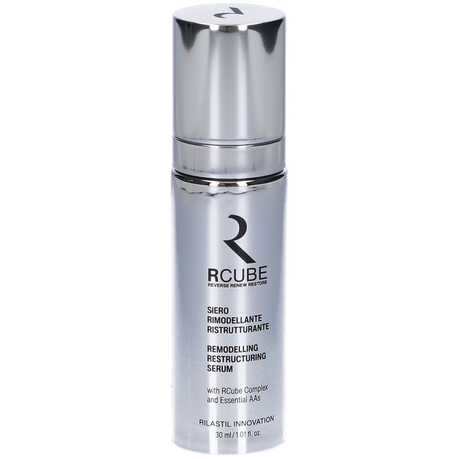 Silberne Serumflasche. Aufschrift: RCUBE, Siero Rimodellante Ristrutturante, Remodelling Restructuring Serum.