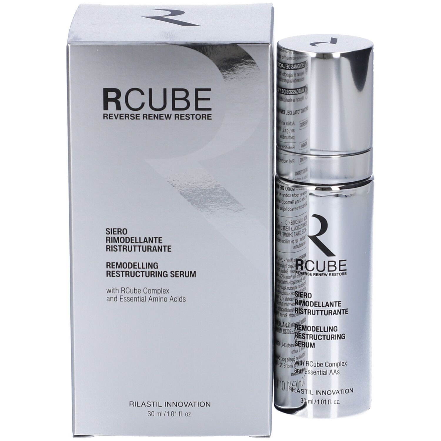 Serumflasche und Schachtel. Aufschrift: RCUBE, Siero Rimodellante Ristrutturante, Remodelling Restructuring Serum.