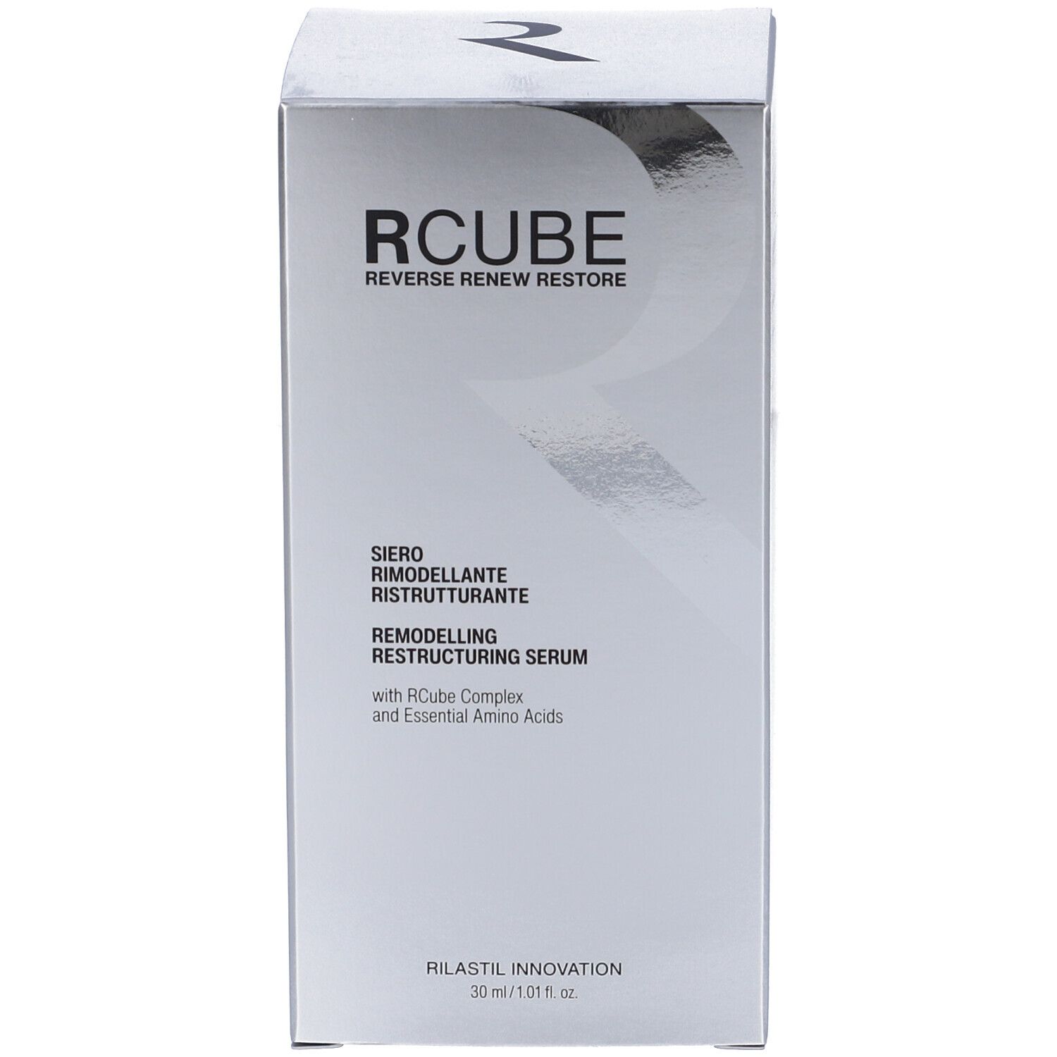 Schachtel mit Aufschrift: RCUBE, Siero Rimodellante Ristrutturante, Remodelling Restructuring Serum.