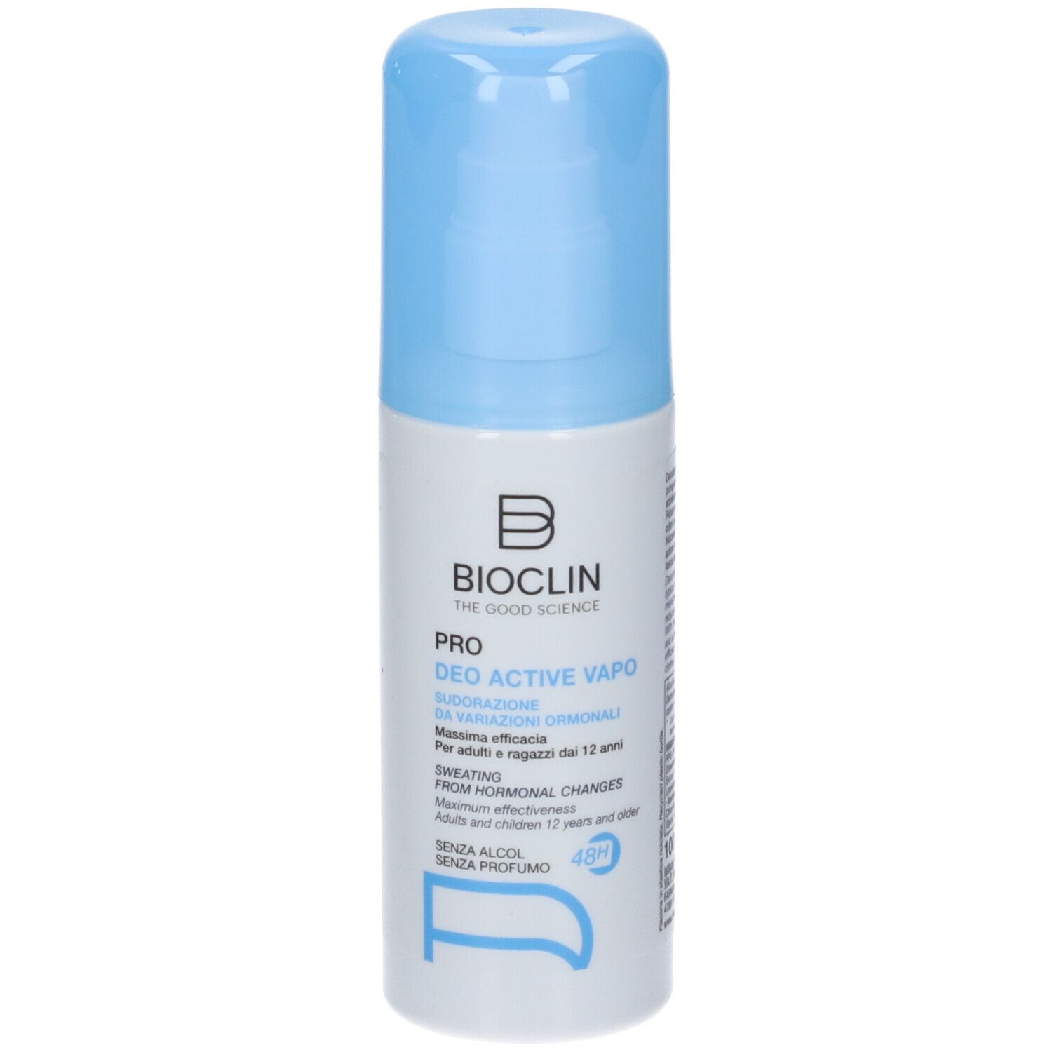 Spray deodorante con tappo blu. Scritta: Bioclin Pro Deo Active Vapo. Per adulti e ragazzi dai 12 anni.