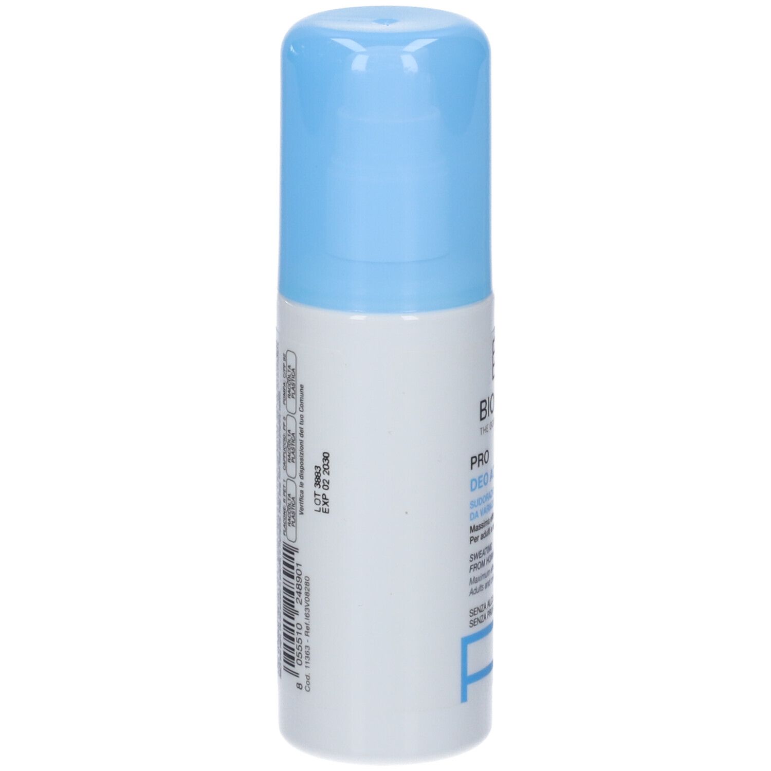 Vista laterale dello spray deodorante. Codice a barre e testo su sfondo bianco. Tappo blu.