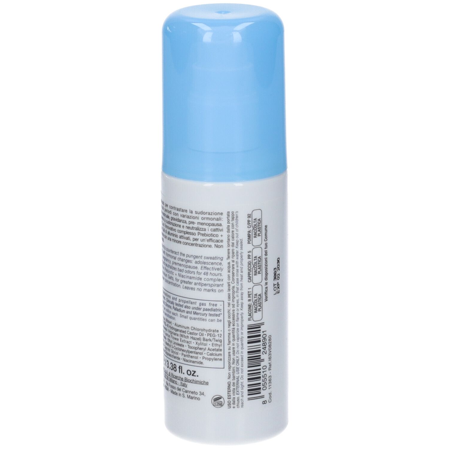 Spray deodorante, vista posteriore. Testo su sfondo bianco. Tappo blu.