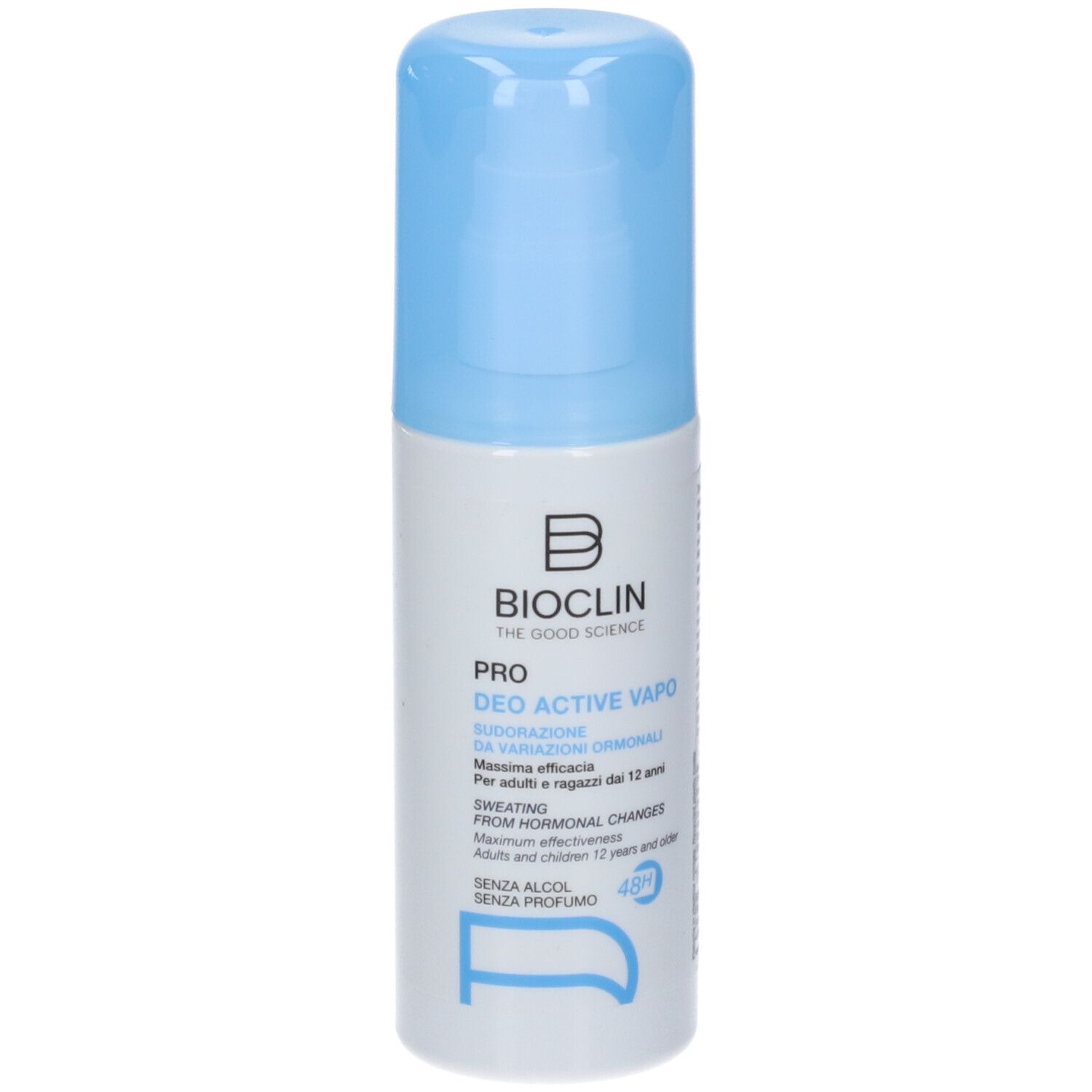 Spray deodorante con tappo blu. Scritta: Bioclin Pro Deo Active Vapo. Per adulti e ragazzi dai 12 anni.