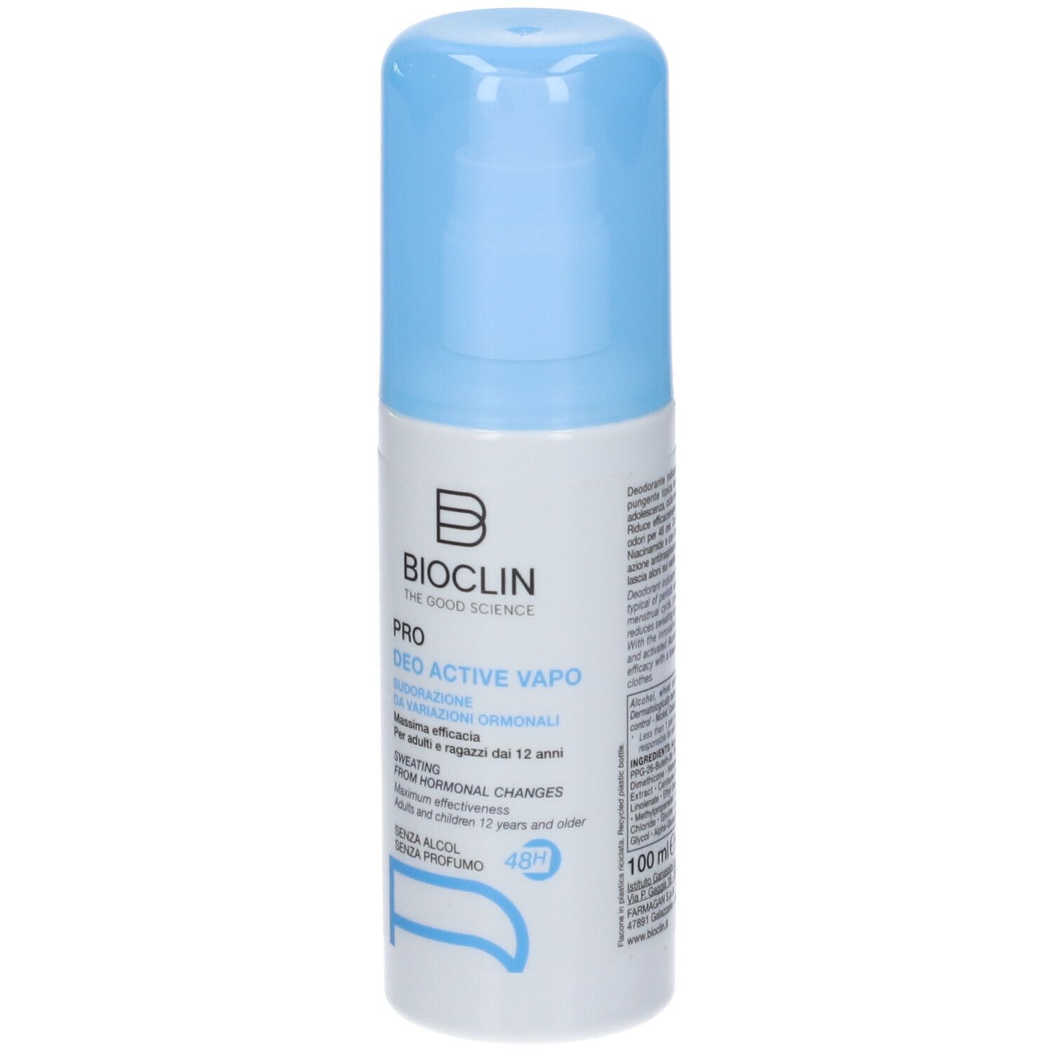 Spray deodorante con tappo blu. Scritta: Bioclin Pro Deo Active Vapo. Per adulti e ragazzi dai 12 anni. 100 ml.