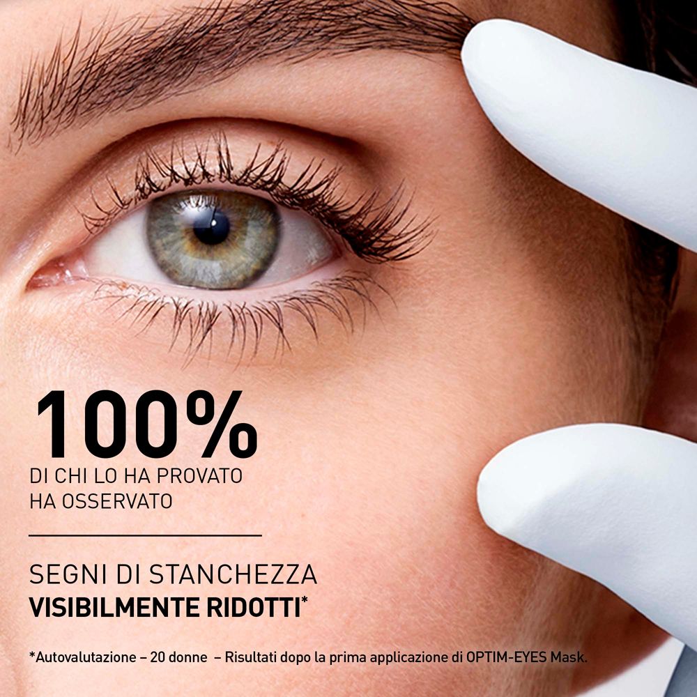 Primo piano di un occhio con testo: 100% hanno notato un miglioramento. Testo: SEGNI DI STANCHENZA VISIBILMENTE RIDOTTI.