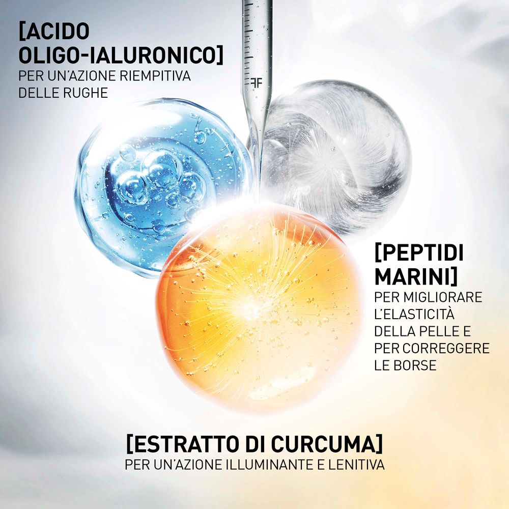 Rappresentazione grafica degli ingredienti: [ACIDO OLIGO-IALURONICO], [PEPTIDI MARINI], [ESTRATTO DI CURCUMA].