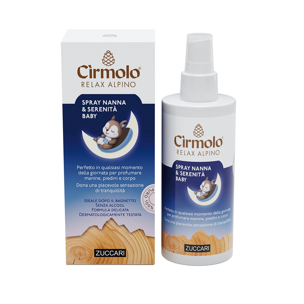 Cirmolo Spray Nanna & Serenita' Baby. Flacone bianco con erogatore e scatola. Nome del prodotto e logo visibili. Illustrazione di uno scoiattolo.