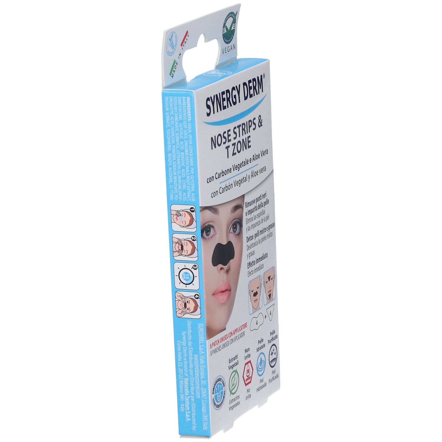 Seitenansicht der Verpackung von SYNERGY DERM Nose Strips & T Zone. Vegan. Mit Produktabbildung.
