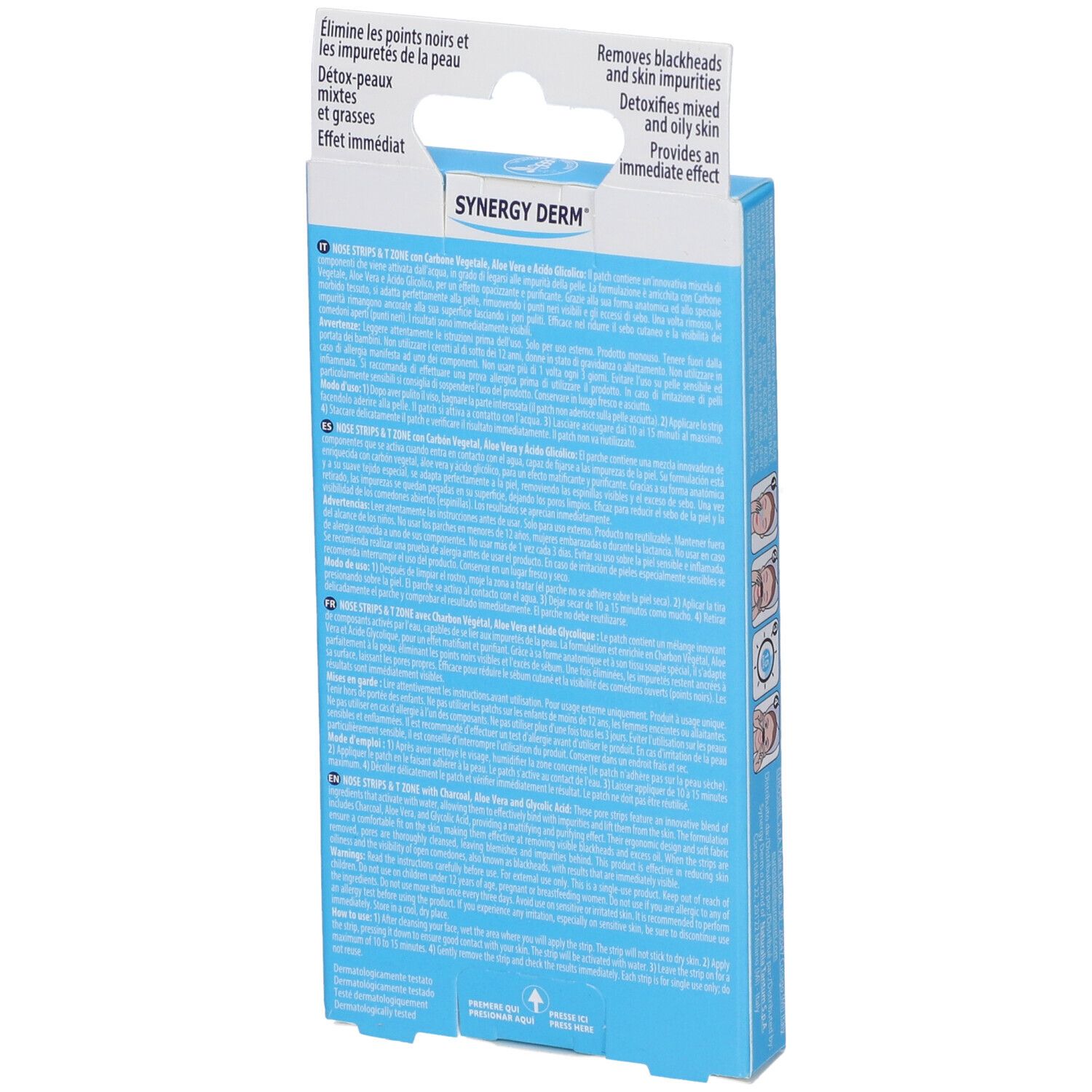 Rückseite der Verpackung von SYNERGY DERM Nose Strips & T Zone. Text in mehreren Sprachen.