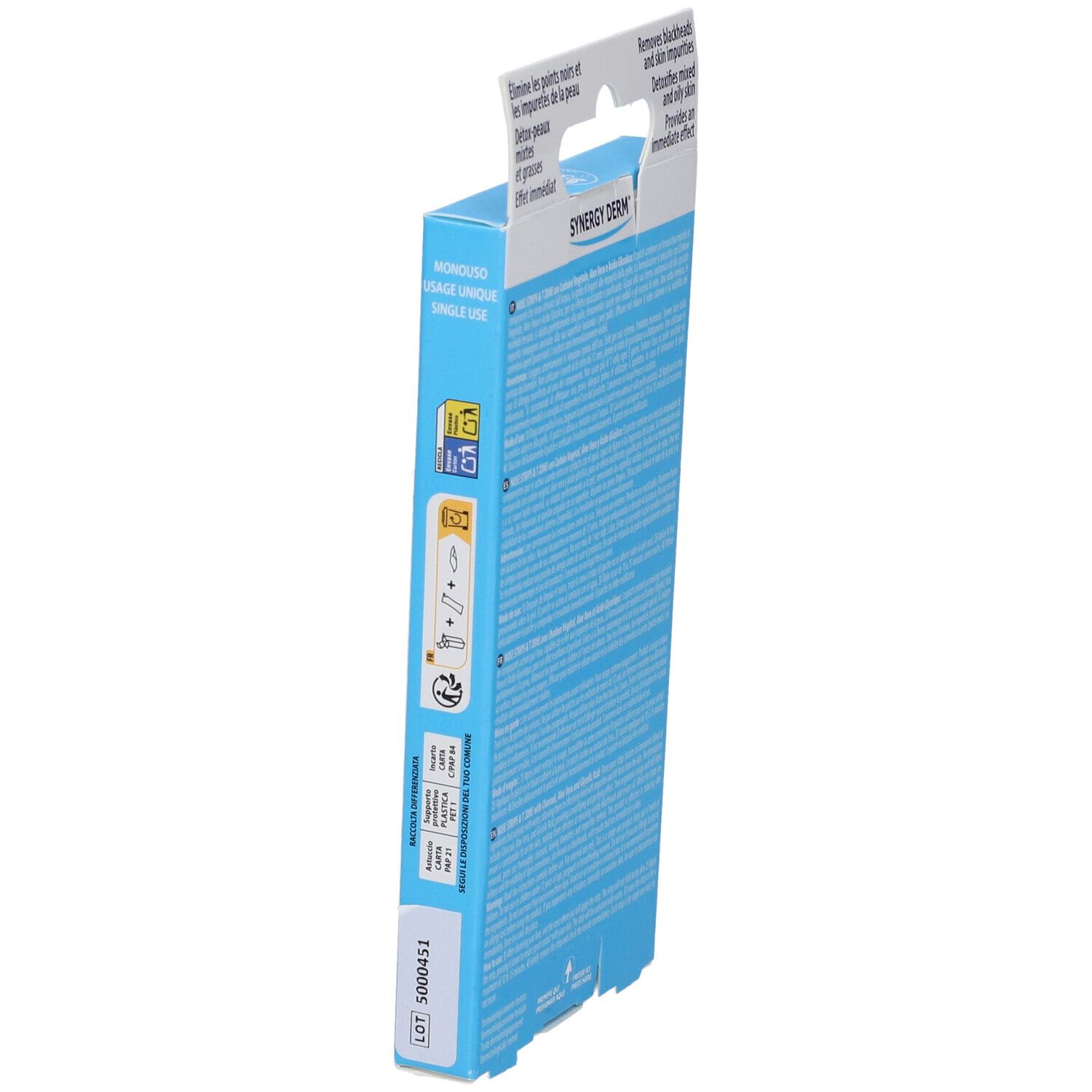 Seitenansicht der Verpackung von SYNERGY DERM Nose Strips & T Zone. Mit Text und Logos.