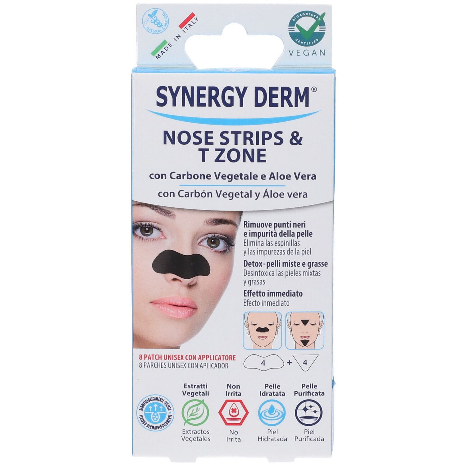 Vorderansicht der Verpackung von SYNERGY DERM Nose Strips & T Zone. Enthält 8 Pflaster. Vegan.