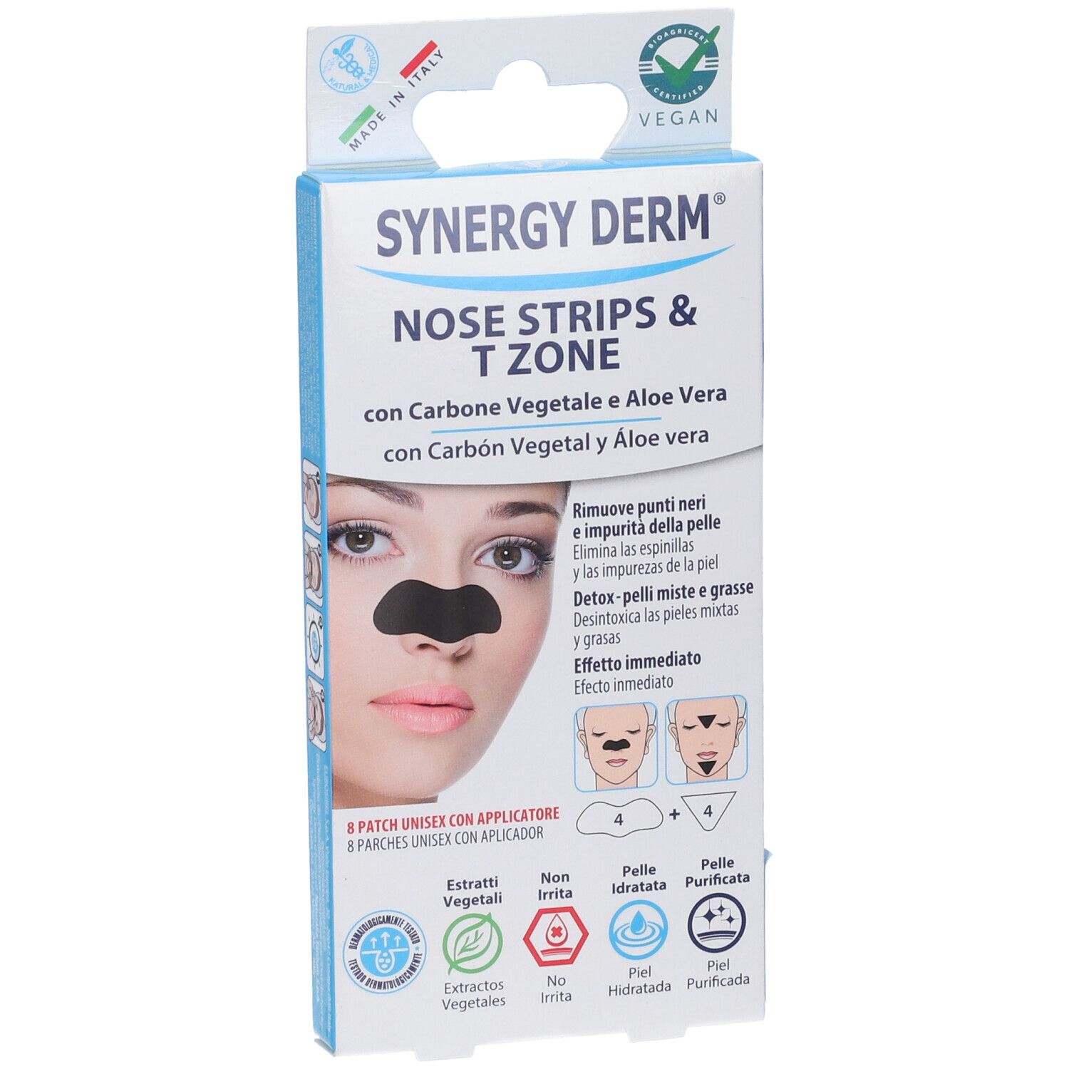 Vorderansicht der Verpackung von SYNERGY DERM Nose Strips & T Zone. Enthält 8 Pflaster. Vegan.