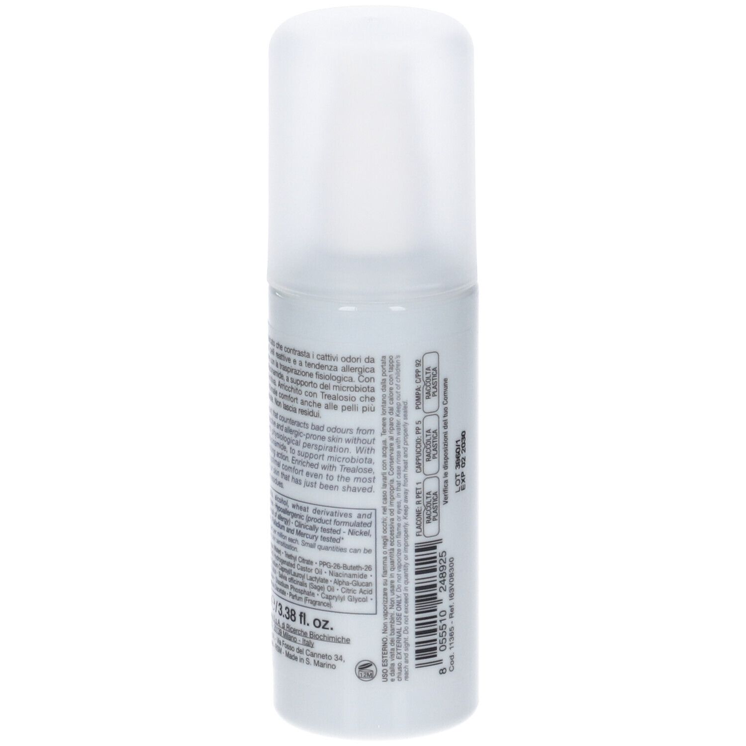 Weiße Sprühflasche mit transparentem Deckel, Etikett mit Produktinformationen.