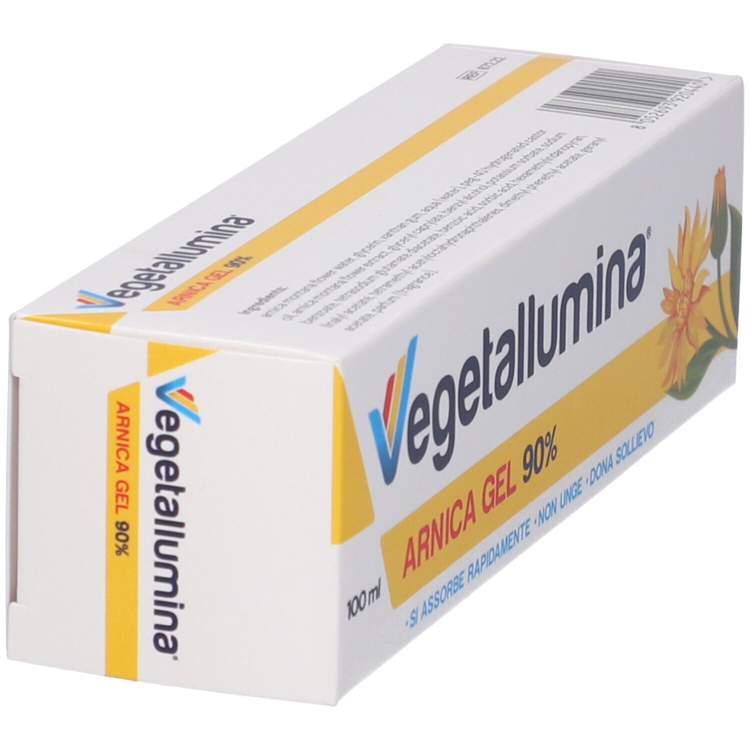 Schräg gestellte weiße Verpackung mit Vegetallumina-Logo, Arnica Gel 90%.