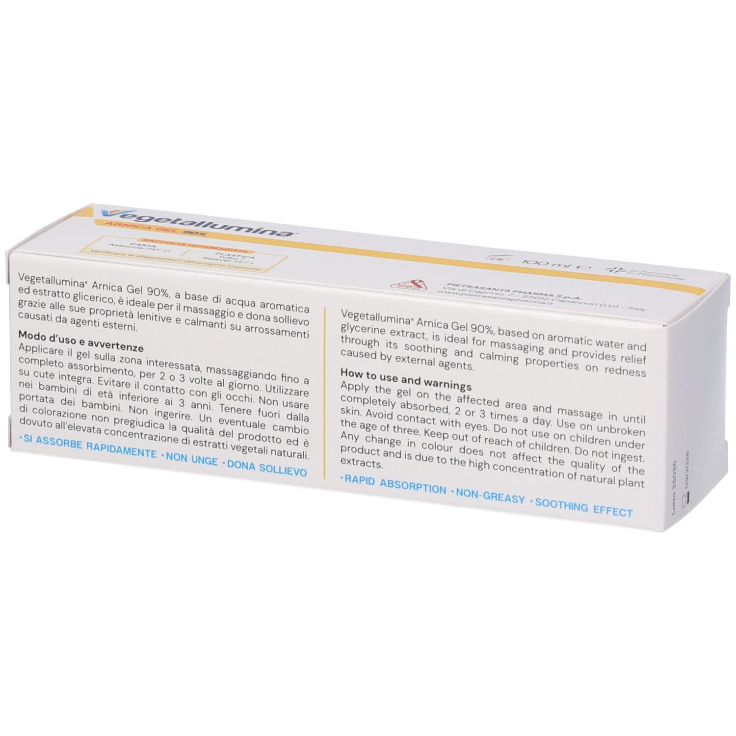 Rückseite der weißen Verpackung mit Text. Vegetallumina Arnica Gel 90%.
